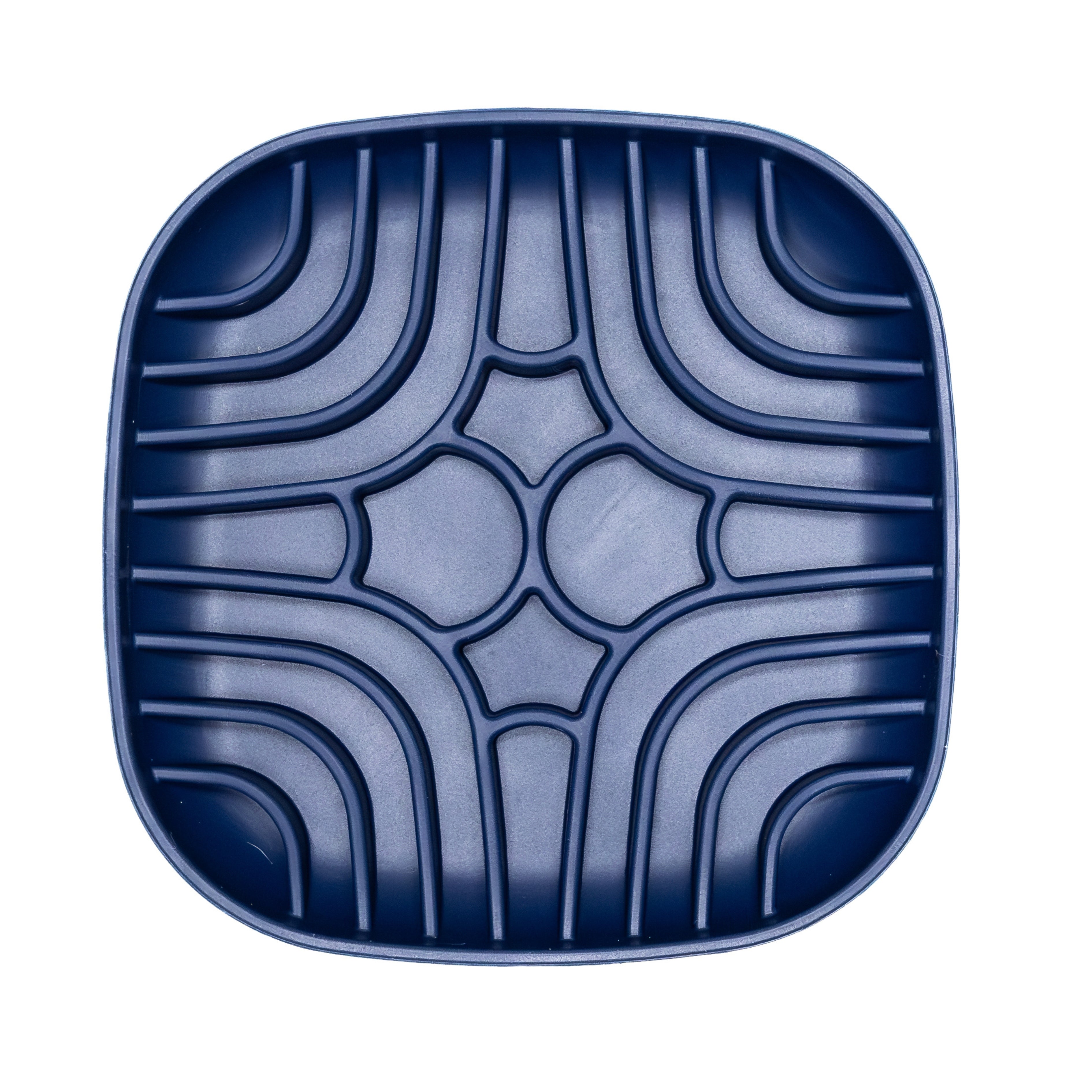 Navy Wave Ripple Slow Feeder Bowl designed with grooved texture to slow down mealtime and reduce gulping in dogs.