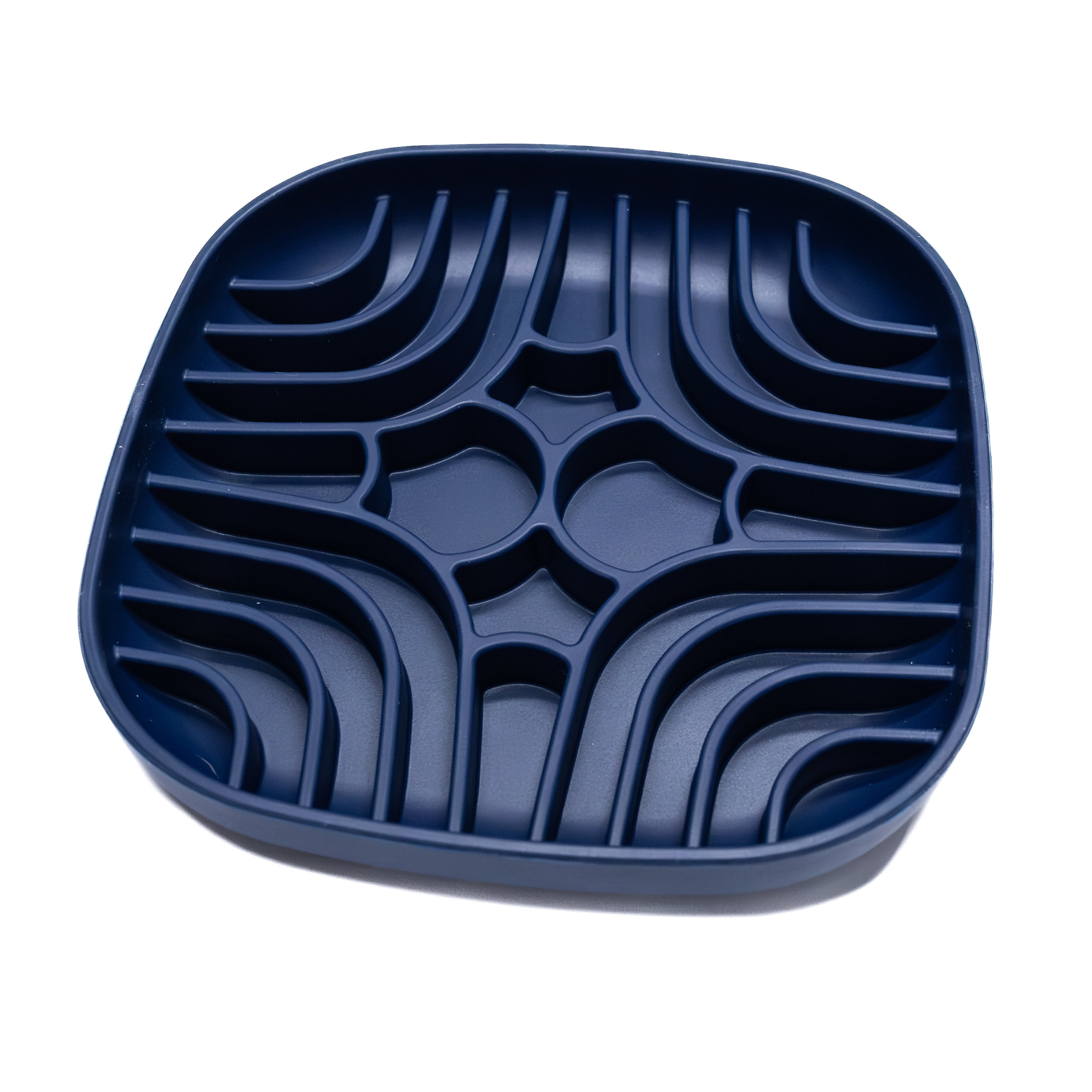 Navy Wave Ripple Slow Feeder with deep ridges for enrichment licking, promoting calm feeding and improved digestion.