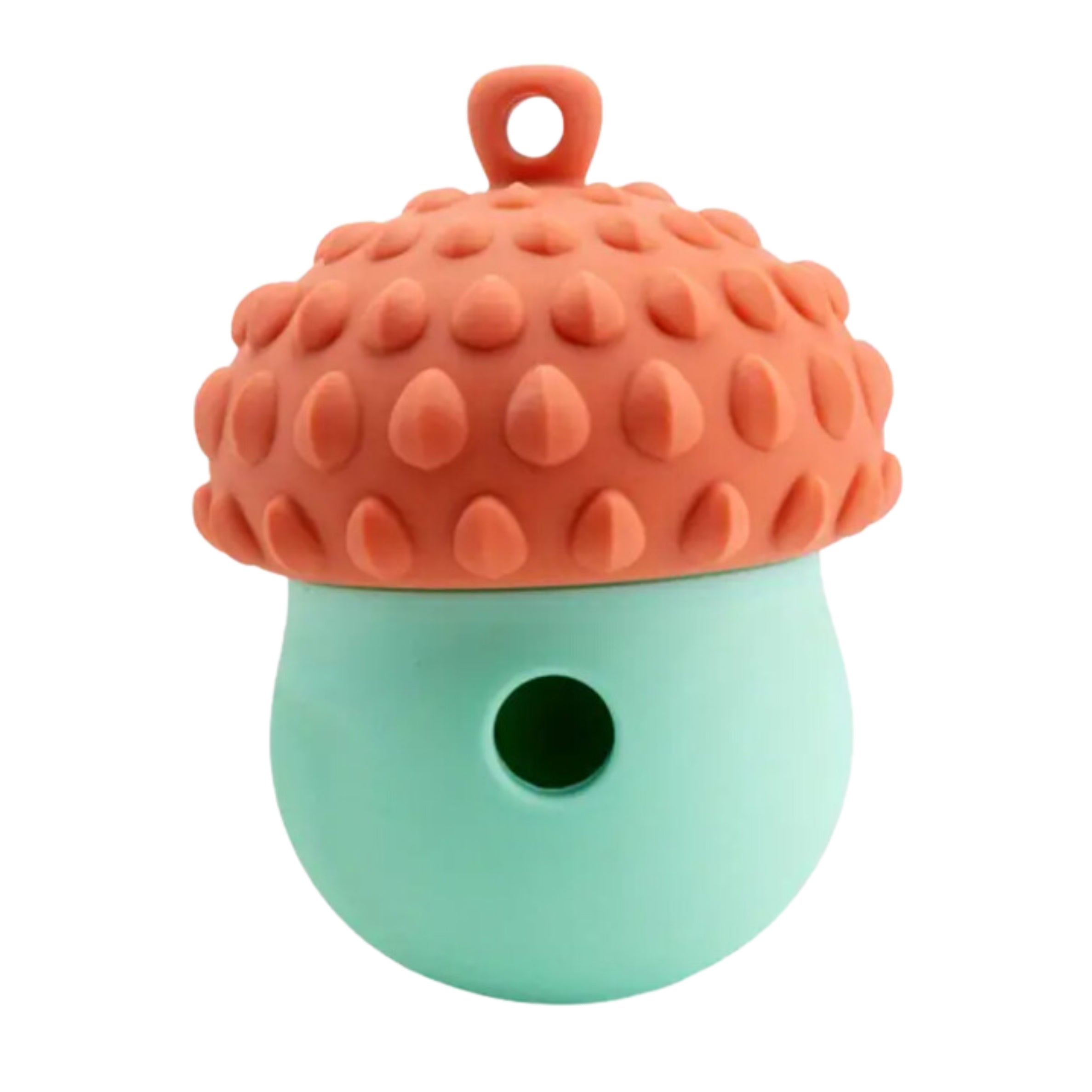 Orange and mint Acorn Wobbler Dog Treat Dispenser Toy with textured top.