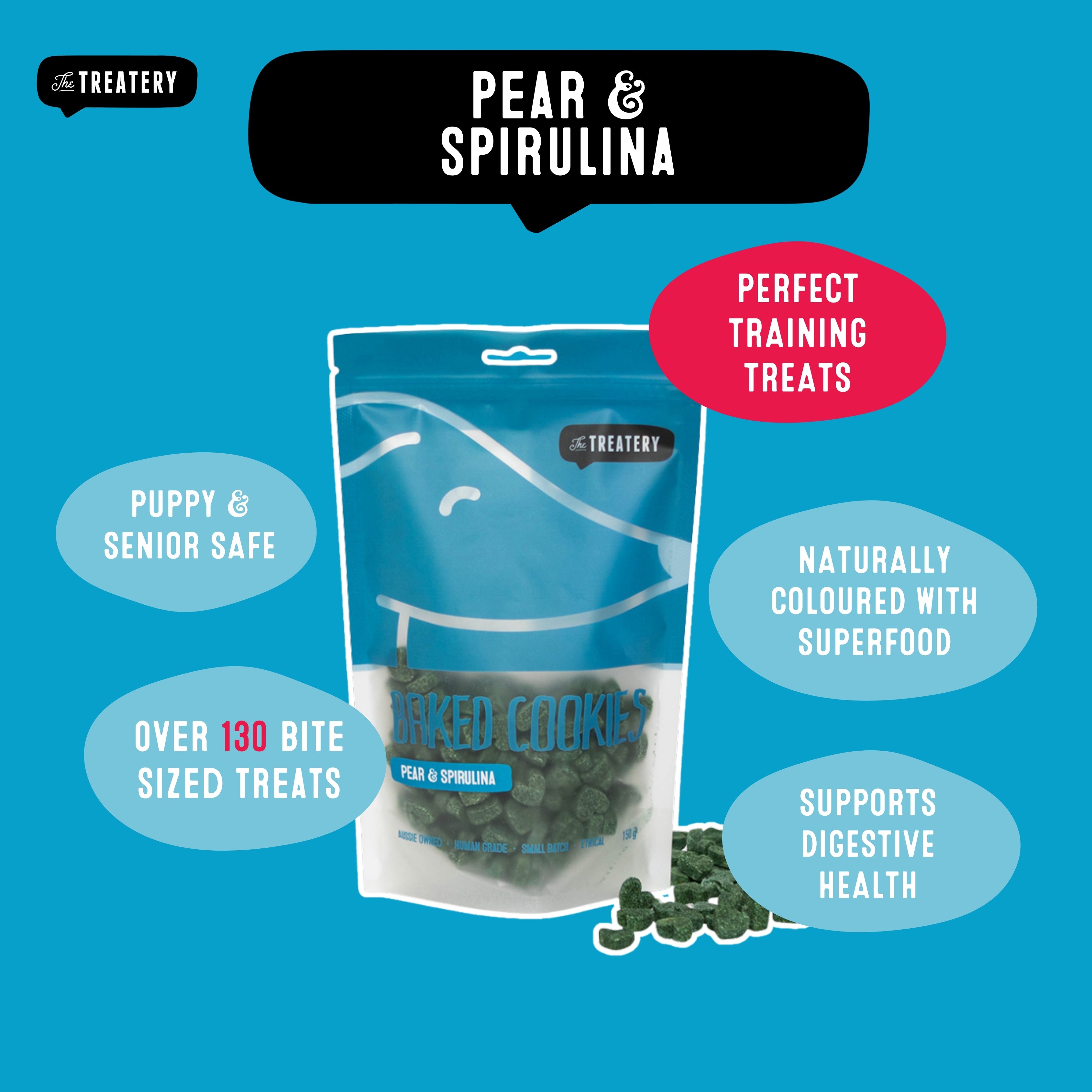 Pear and spirulina dog treats supporting digestion and training.