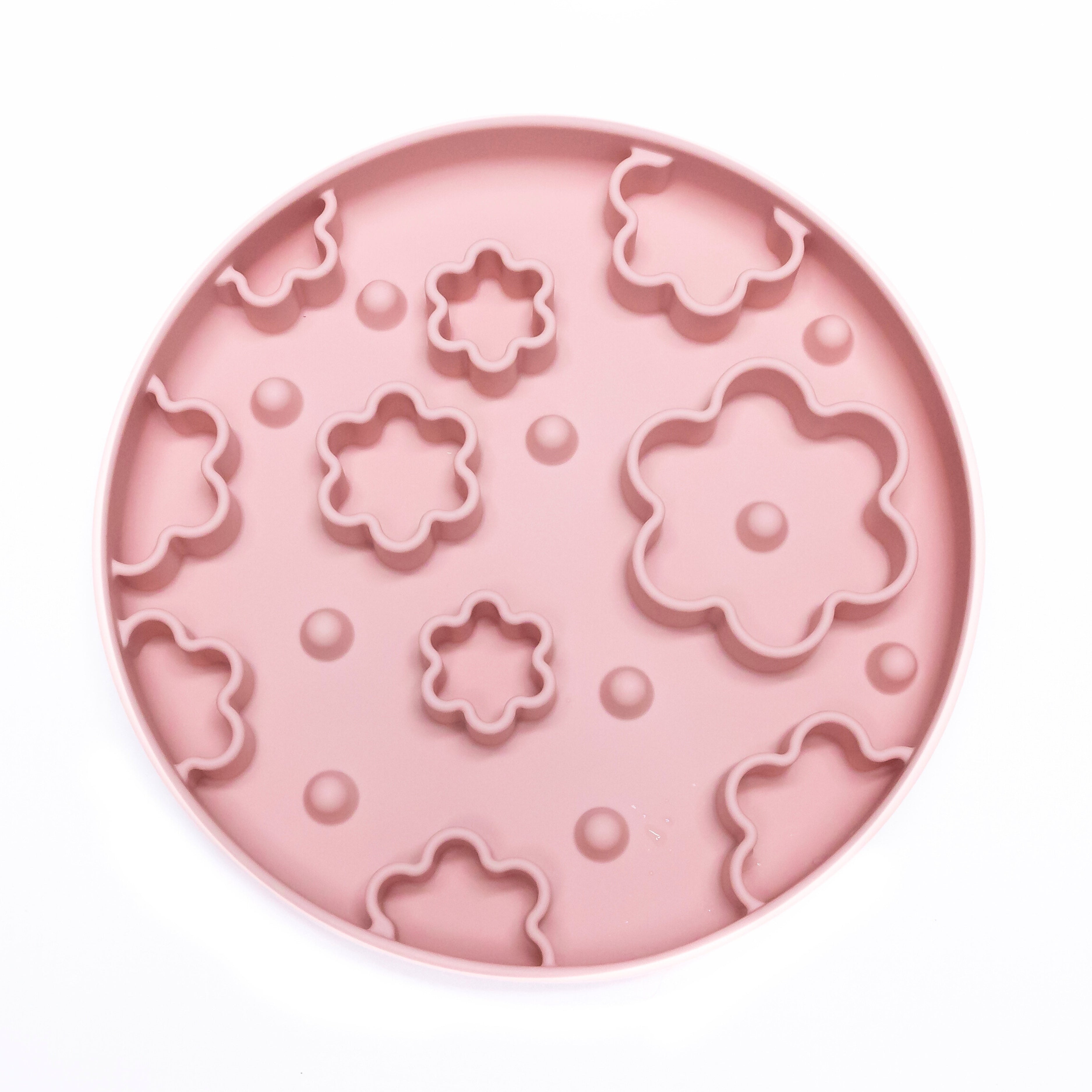 Pink Flower Power Slow Feeder Bowl with flower-shaped ridges for portion control and interactive feeding enrichment.
