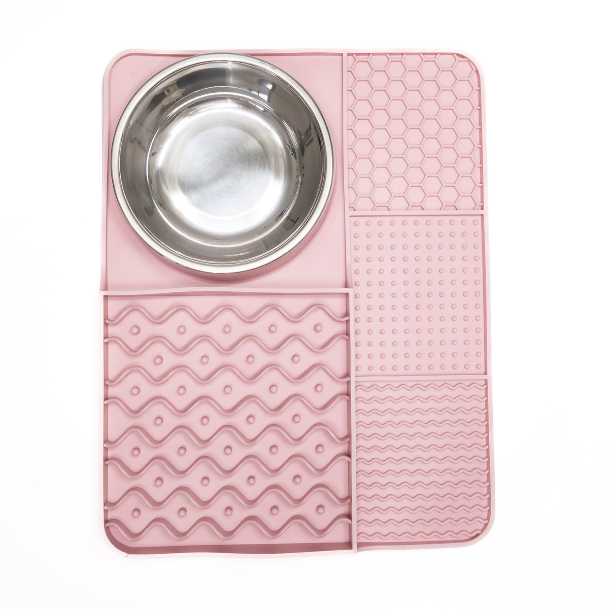 Pink Lick and Feast Slow Feeder Enrichment Mat with detachable stainless bowl promoting slow eating and mental stimulation.