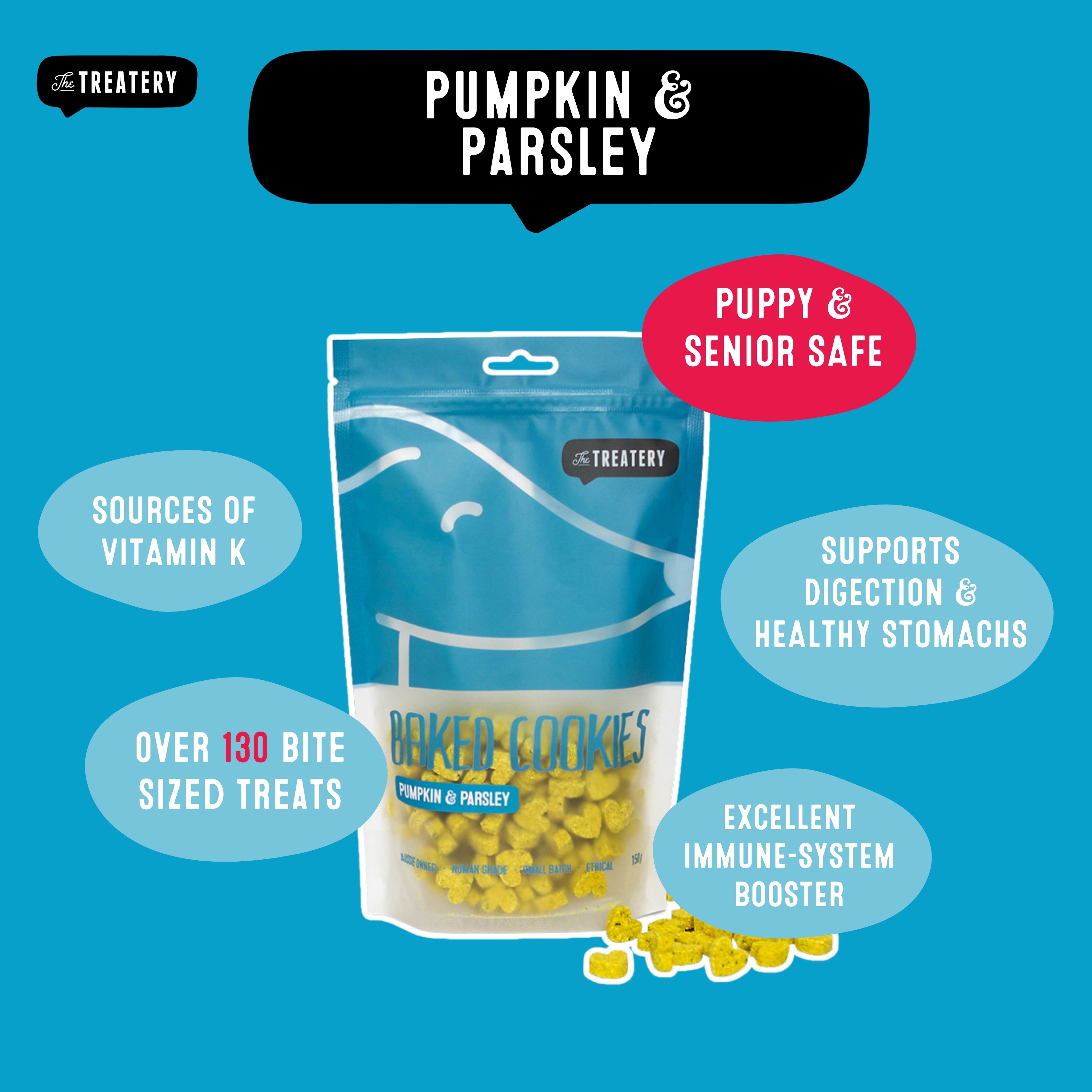 Pumpkin and parsley dog treats packed with vitamin K and pumpkin goodness.