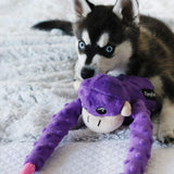Puppy chewing Zippy Paws Purple Monkey RopeTugz plush toy, soft plush toy for your dog.