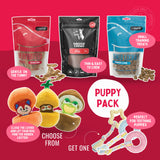 Puppy dog treat and toy bundle with chicken strips bully sticks cookies and teething plush toys