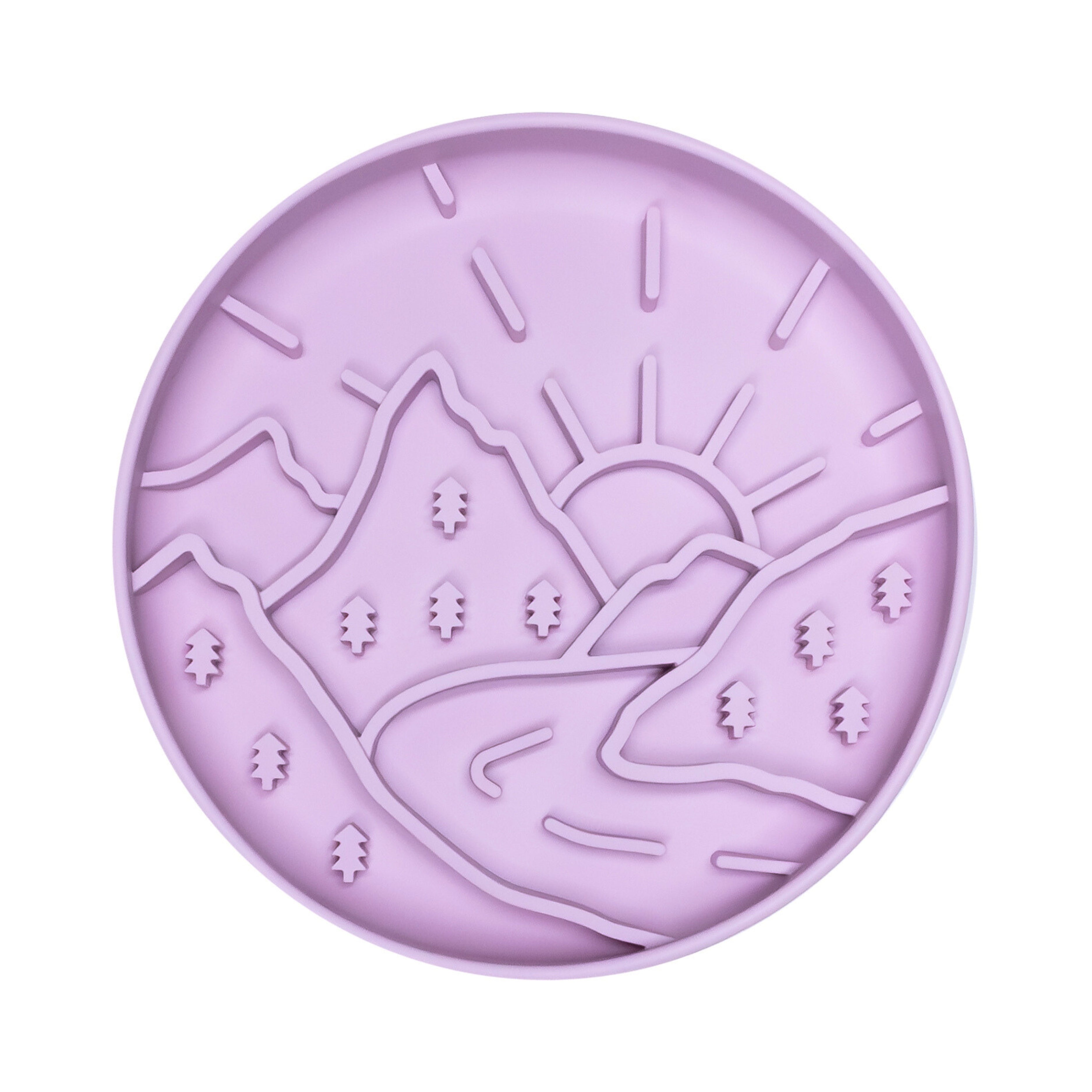 Purple Mountain Sunrise Slow Feeder featuring sun and mountain pattern encouraging slow eating and mental stimulation for pets.