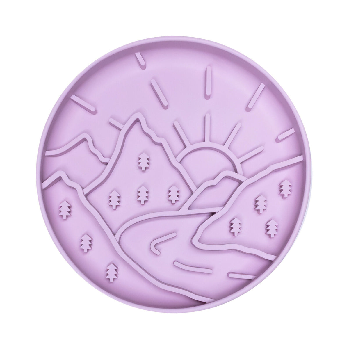 Purple Mountain Sunrise Slow Feeder featuring sun and mountain pattern encouraging slow eating and mental stimulation for pets.