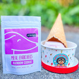 Rainbow cookie meal topper blend for dogs beside Hugo’s Ice Creamery frozen dog treats