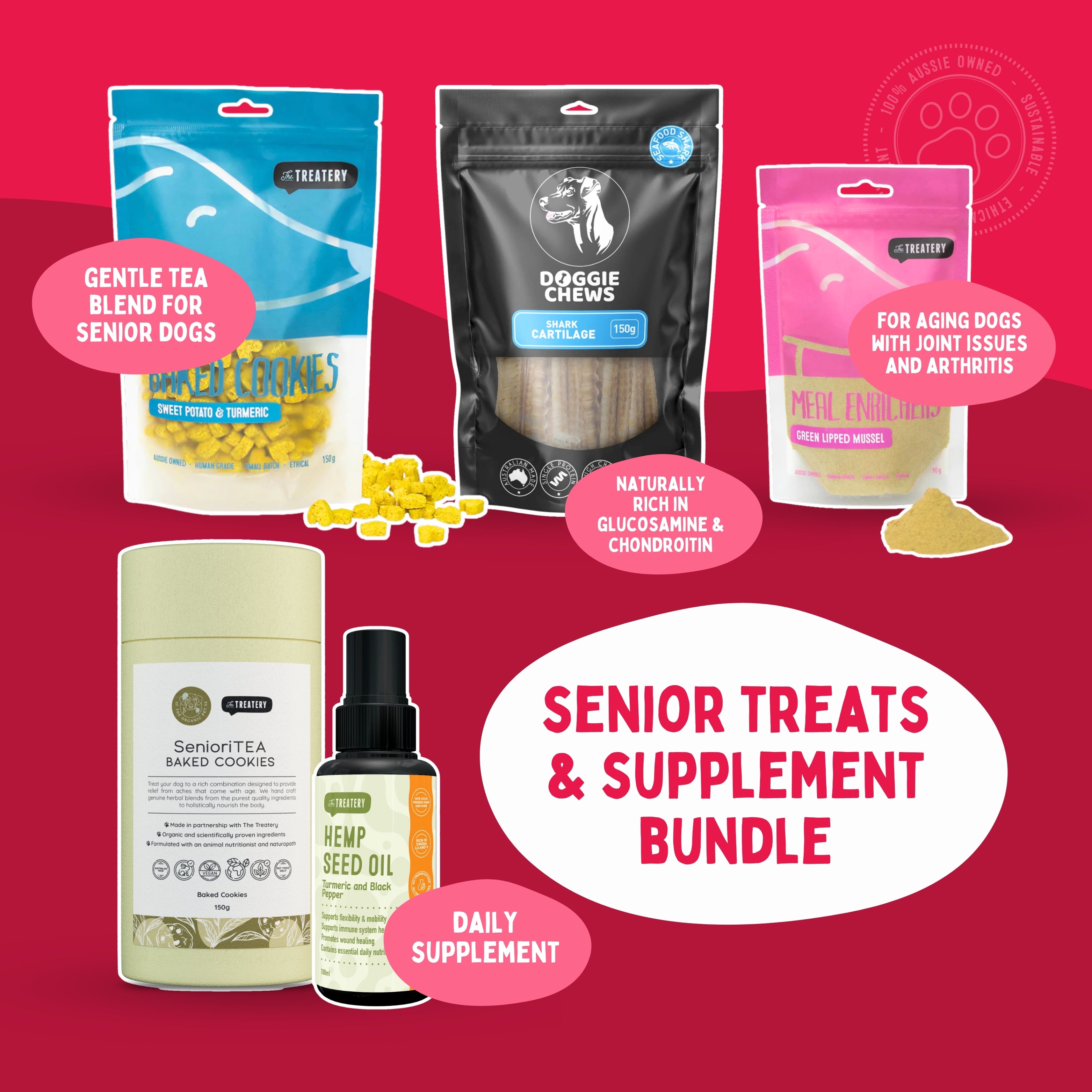 Senior joint care dog treat bundle with hemp oil green lipped mussel and turmeric cookies for mobility