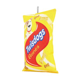Side view of Twistdogs Pet Plush Toy, durable yellow plush toy for dogs with bone graphics.