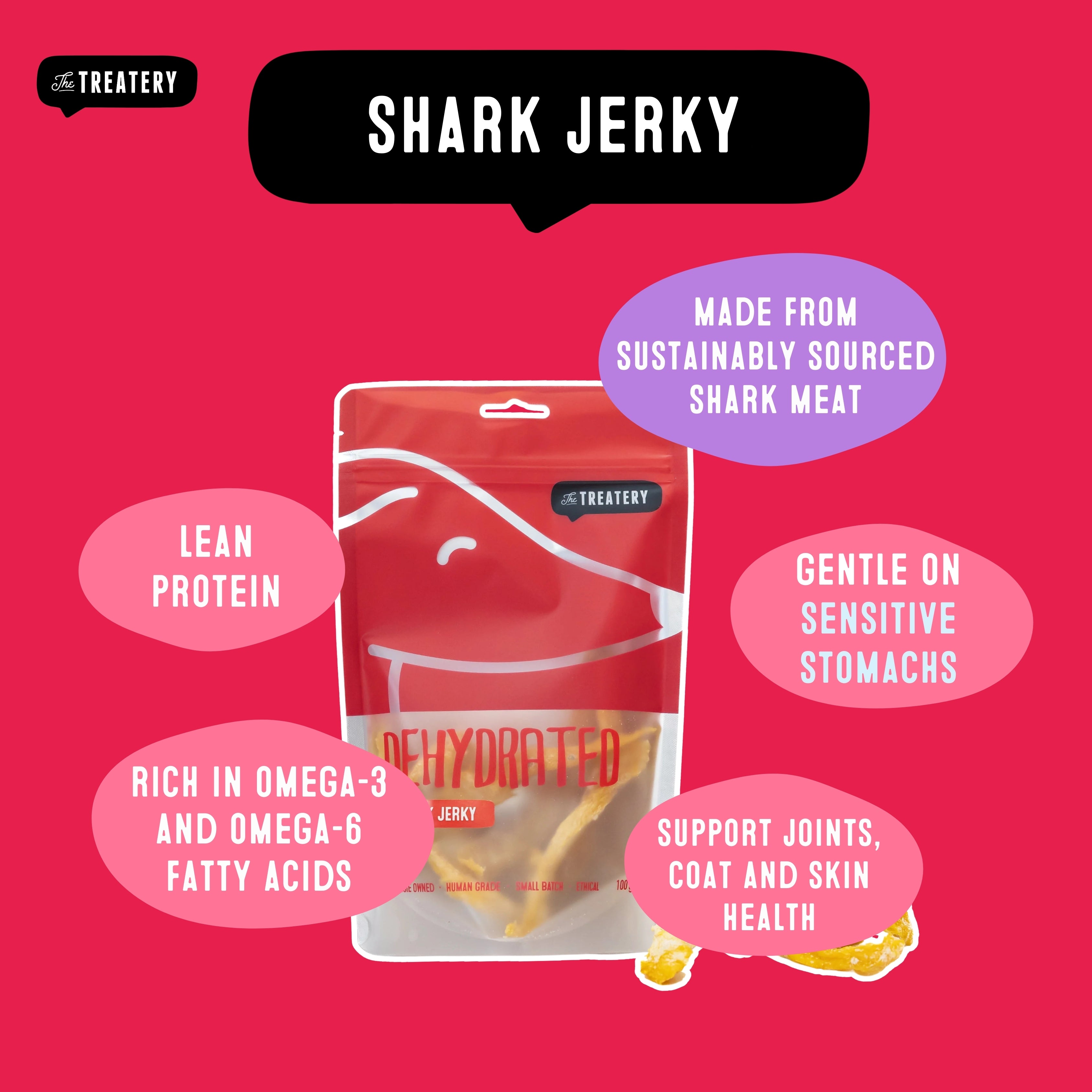 Single protein shark dog treats made from sustainably sourced lean shark meat