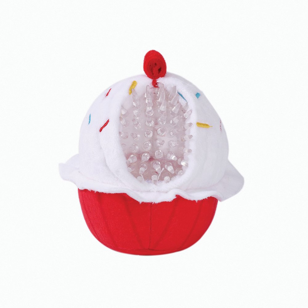 Super Ball Cupcake Plush Dog Toy showing big squeaker ball inside, soft chew toy for dogs.