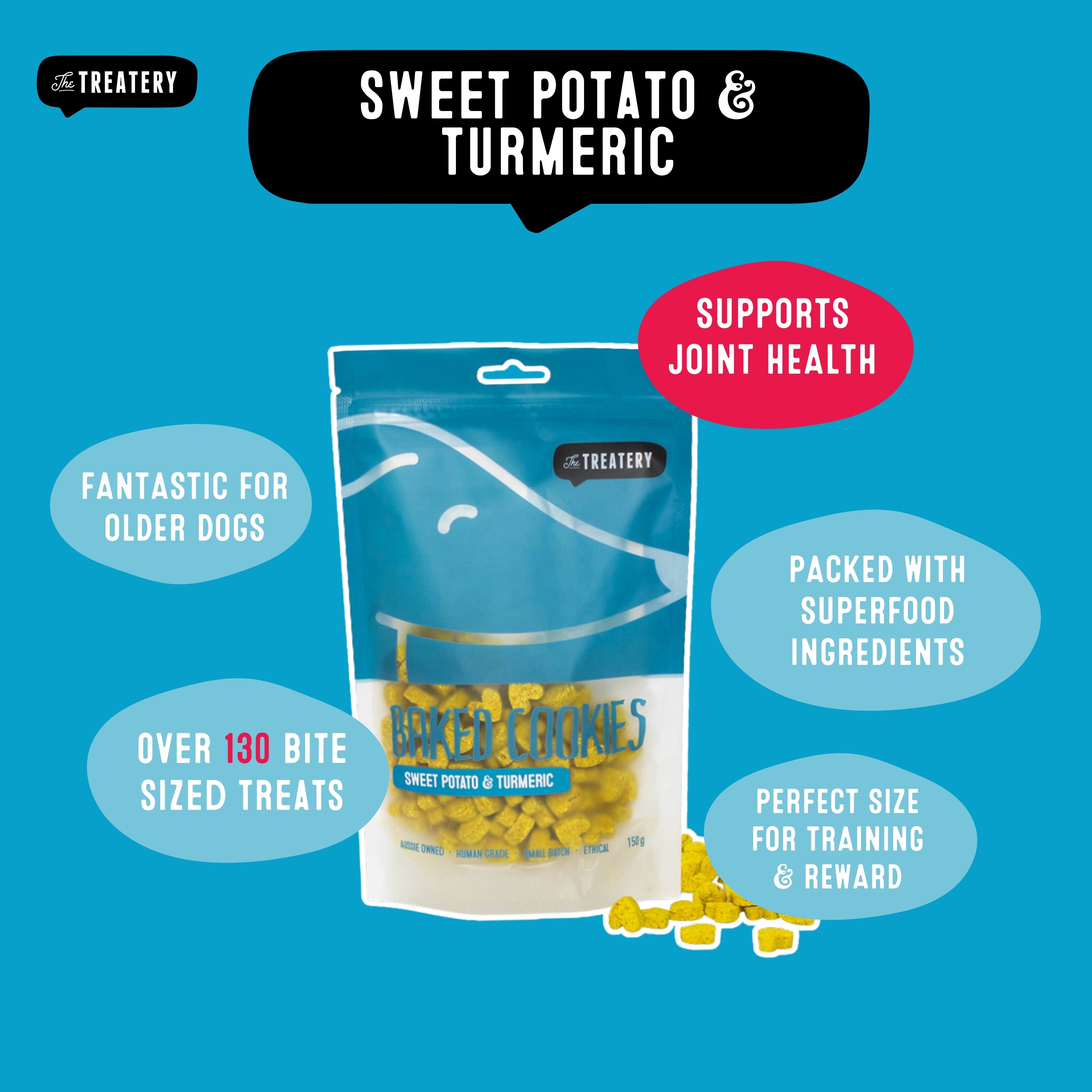 Sweet potato turmeric dog treats in bright blue packaging.