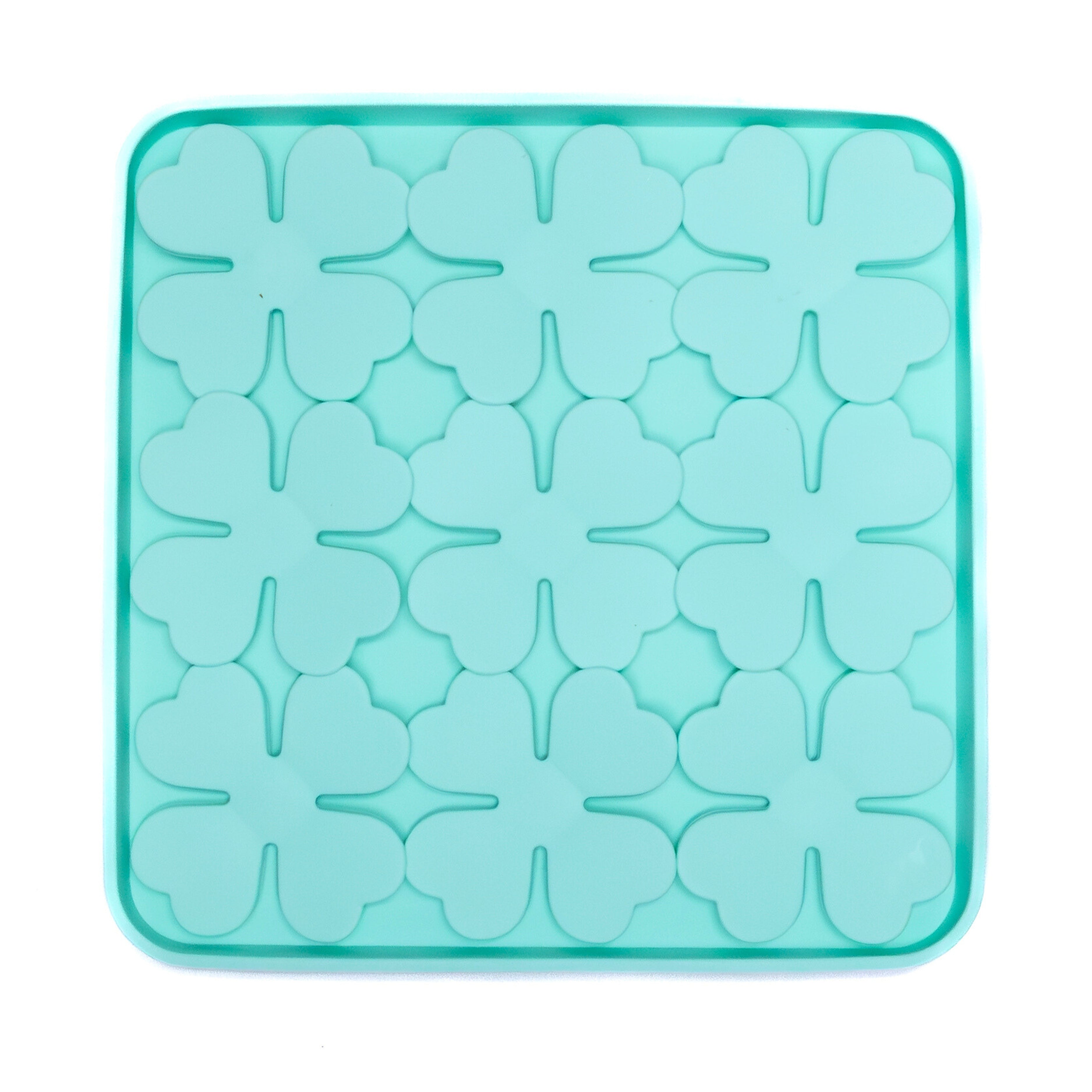 Teal Flower Slow Feeder Bowl for dogs with raised clover shapes for interactive feeding and stress reduction during meals.