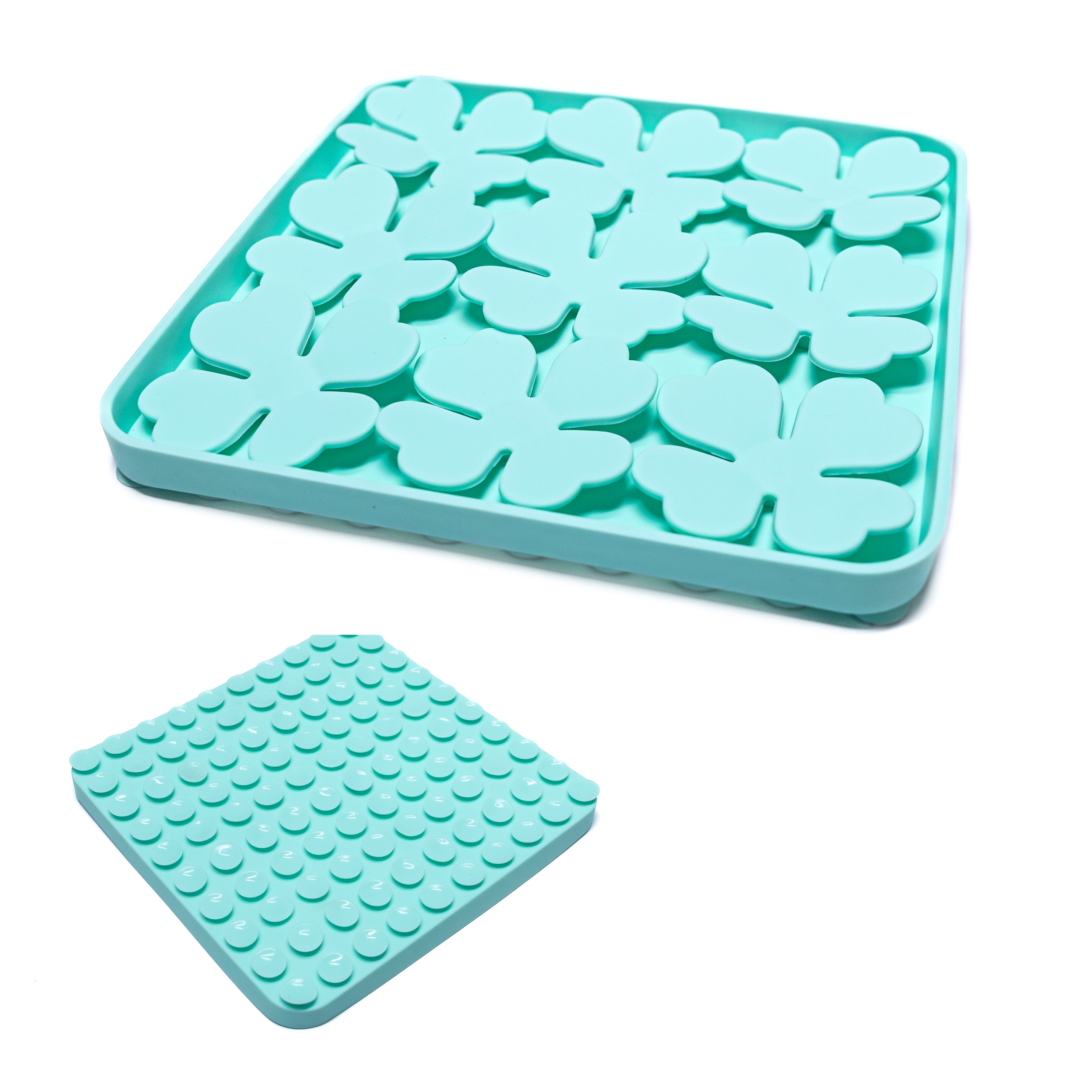 Teal Flower Slow Feeder Bowl with textured base designed as a lick mat to promote calm and enrich dog feeding experience.