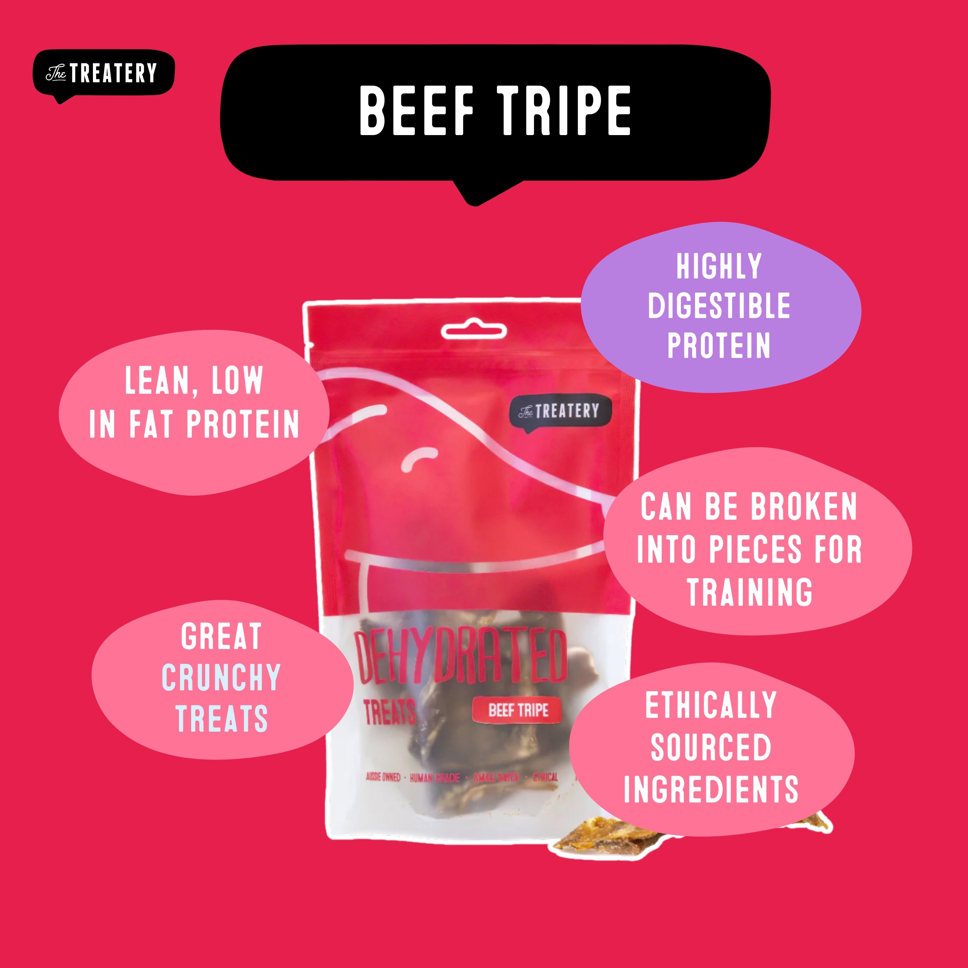 The Treatery Beef Tripe treats graphic highlighting lean protein highly digestible and great for training rewards.