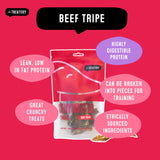 The Treatery Beef Tripe treats graphic highlighting lean protein highly digestible and great for training rewards.