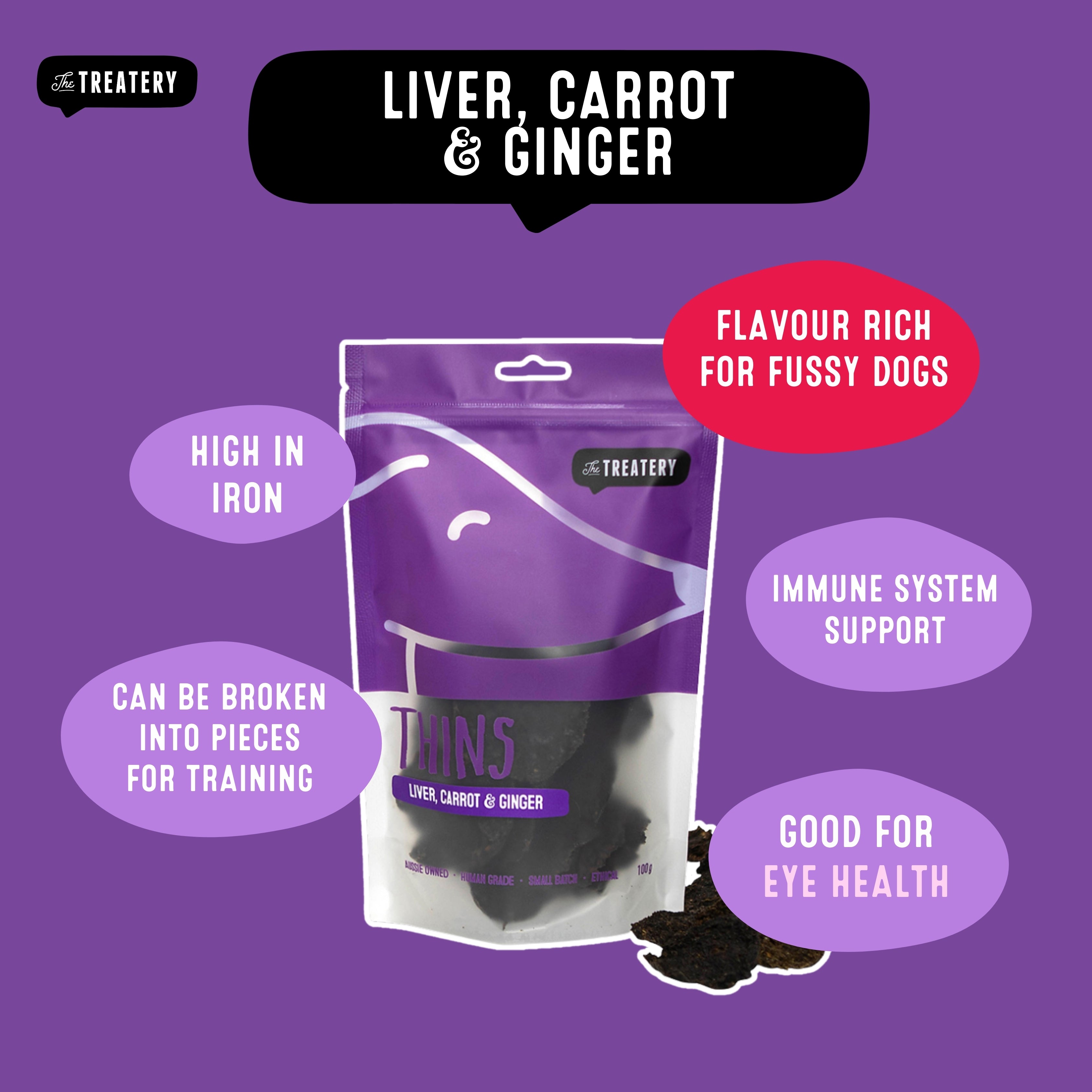 The Treatery Liver, Carrot & Ginger Thins packaging highlighting benefits for dogs.