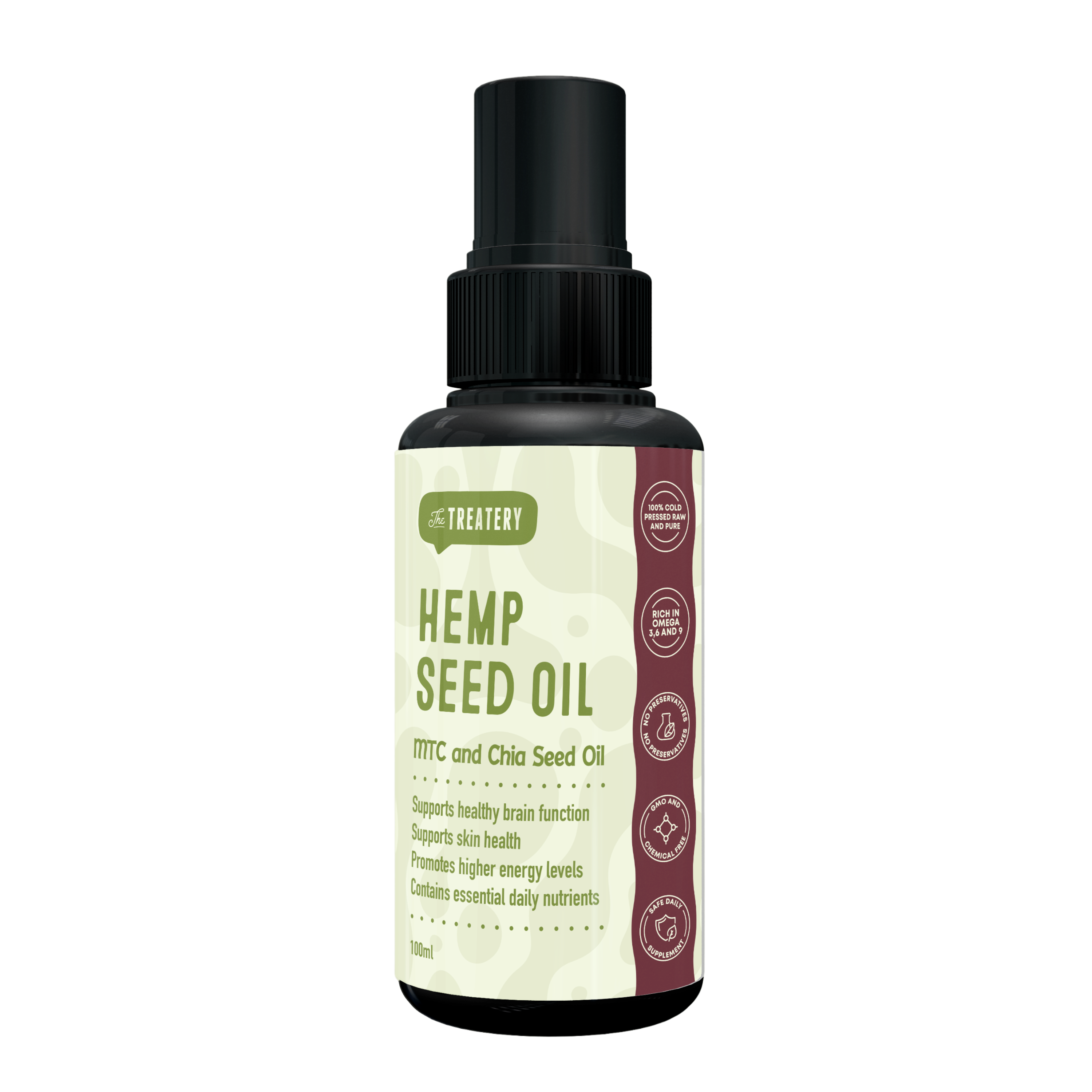 The Treatery Skin & Coat Hemp Seed Oil with MCT and Chia Seed Oil supports brain health, skin, and energy in dogs.