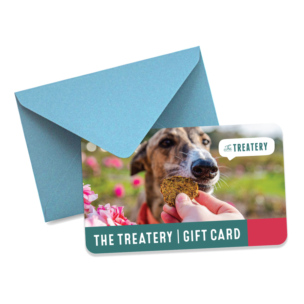 The Treatery gift card with blue envelope featuring a dog enjoying a healthy treat in a garden setting.