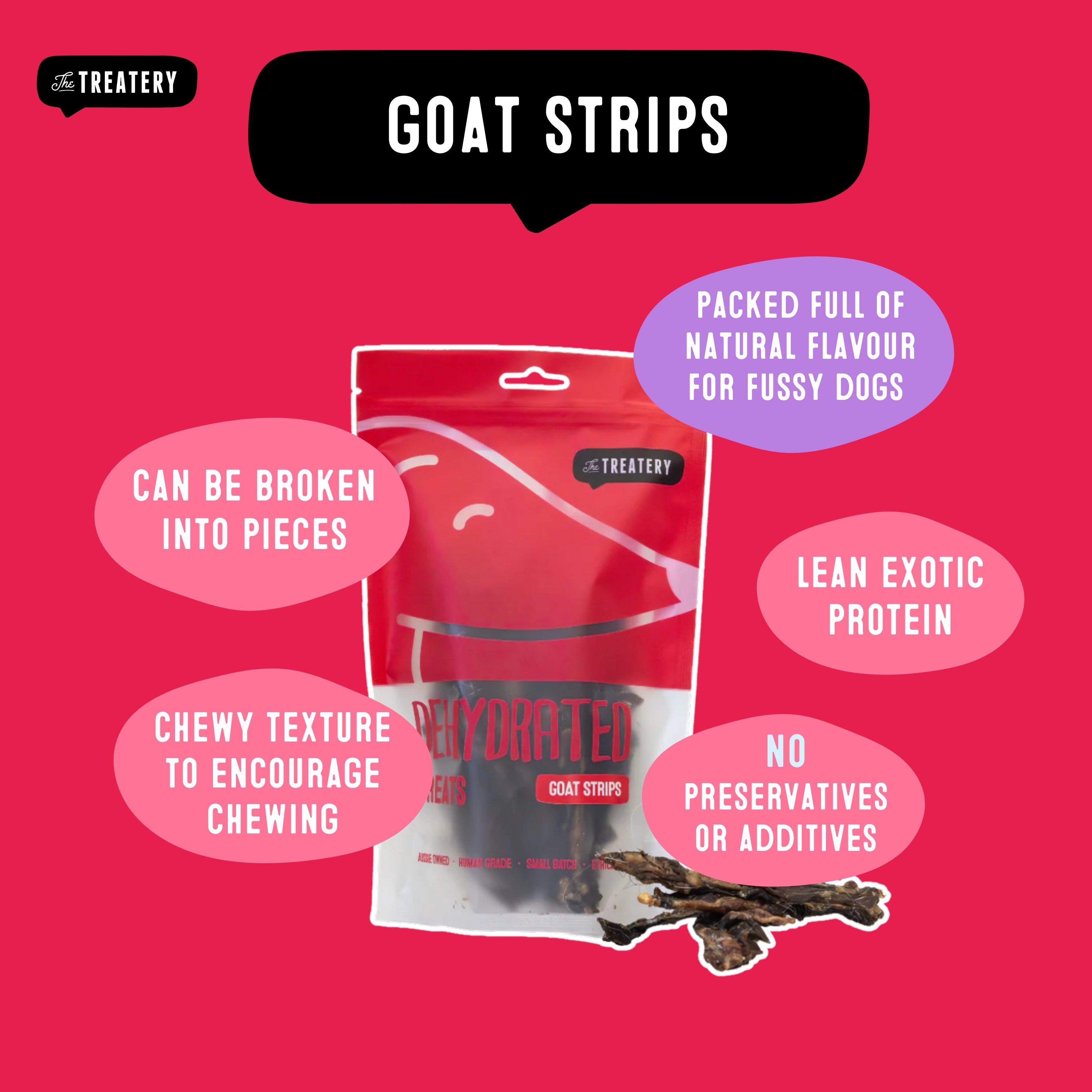 The Treatery goat dog strips lean exotic protein dehydrated goat dog treats with chewy texture