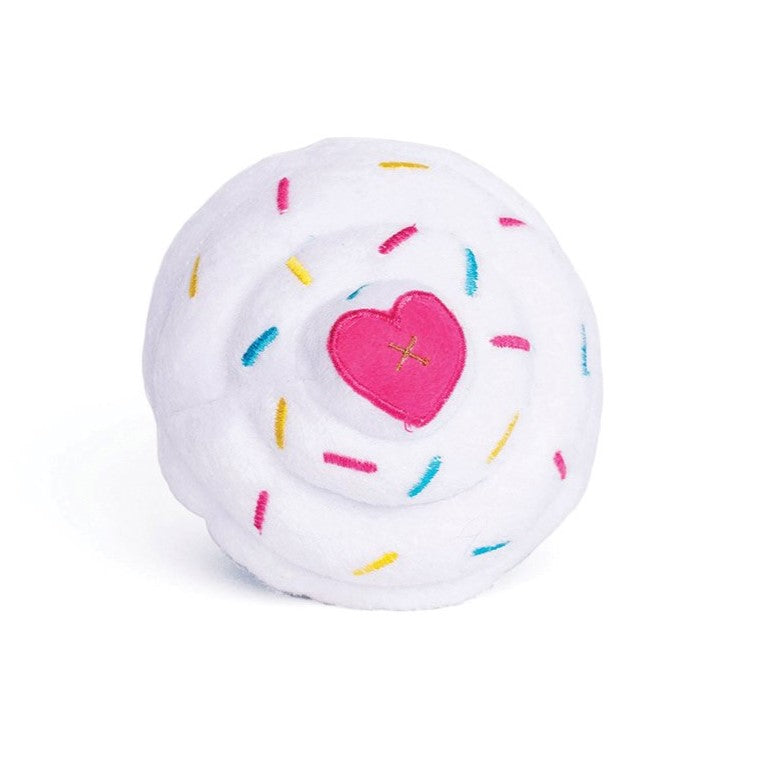 Top view of ZippyPaws Cupcake Plush Toy with colorful sprinkles and pink heart.
