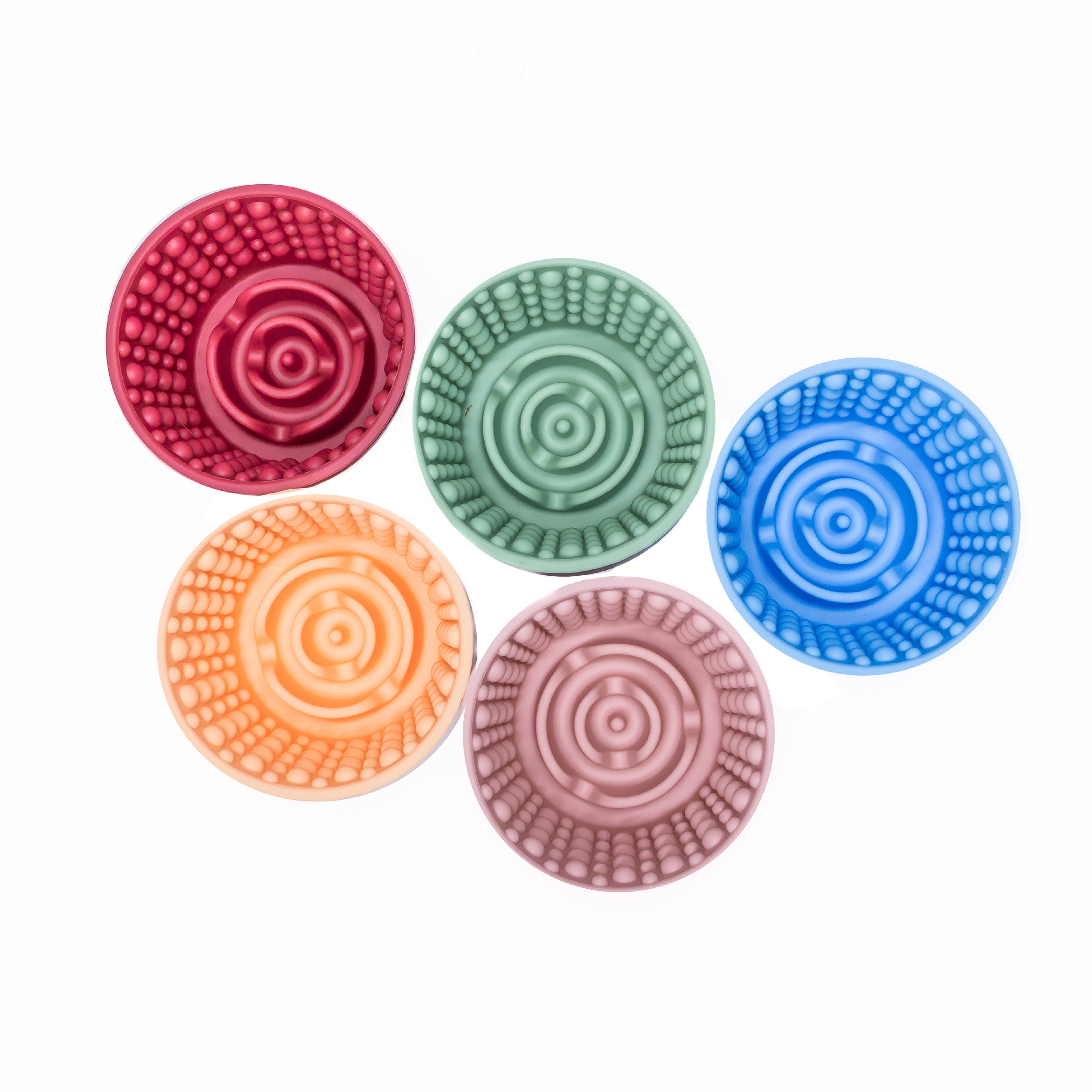 Top view of colorful Cosmic Lick Bowl Treat Cups for dogs, enrichment and slow feeding.