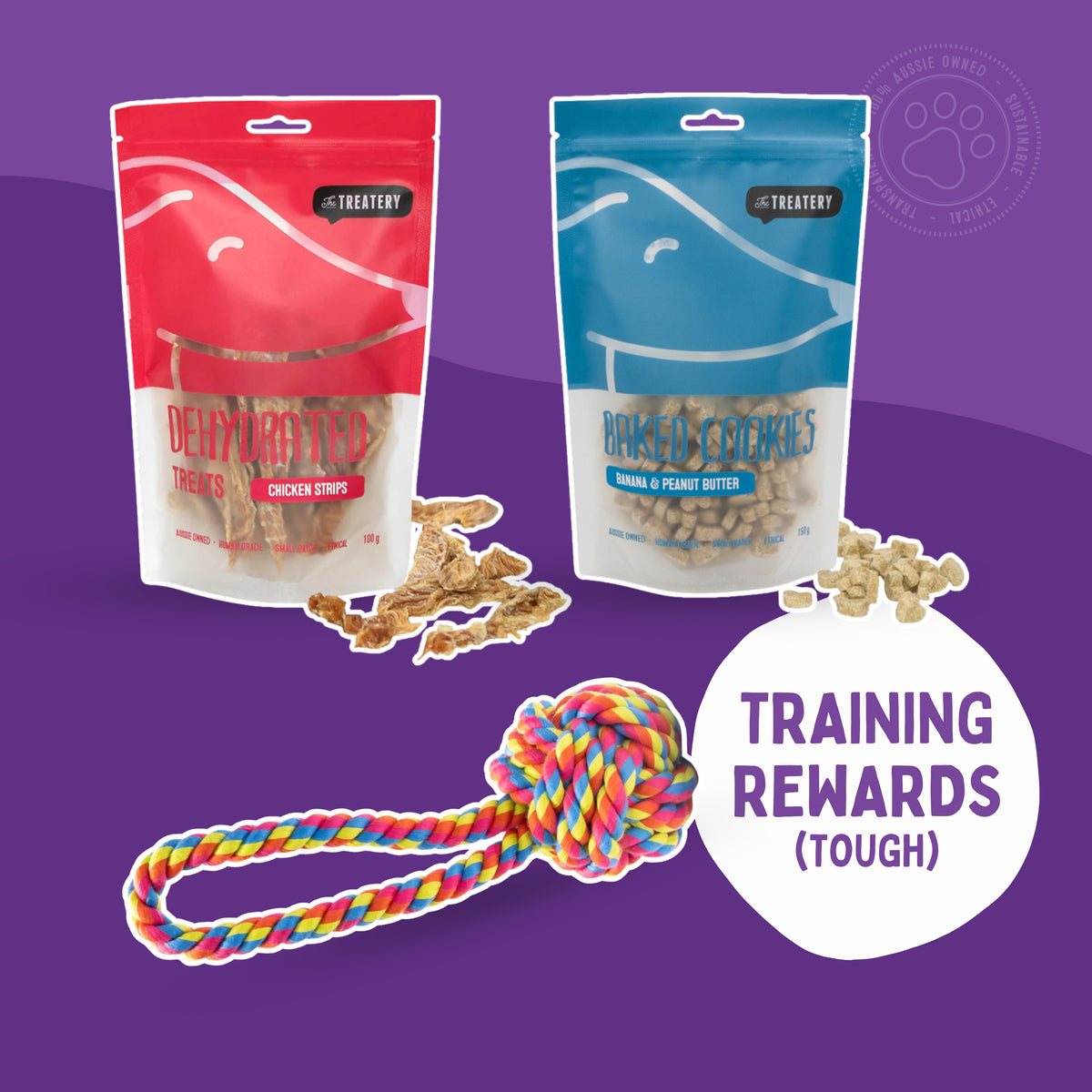 Training rewards tough dog treat bundle with chicken strips banana peanut butter cookies and rope toy