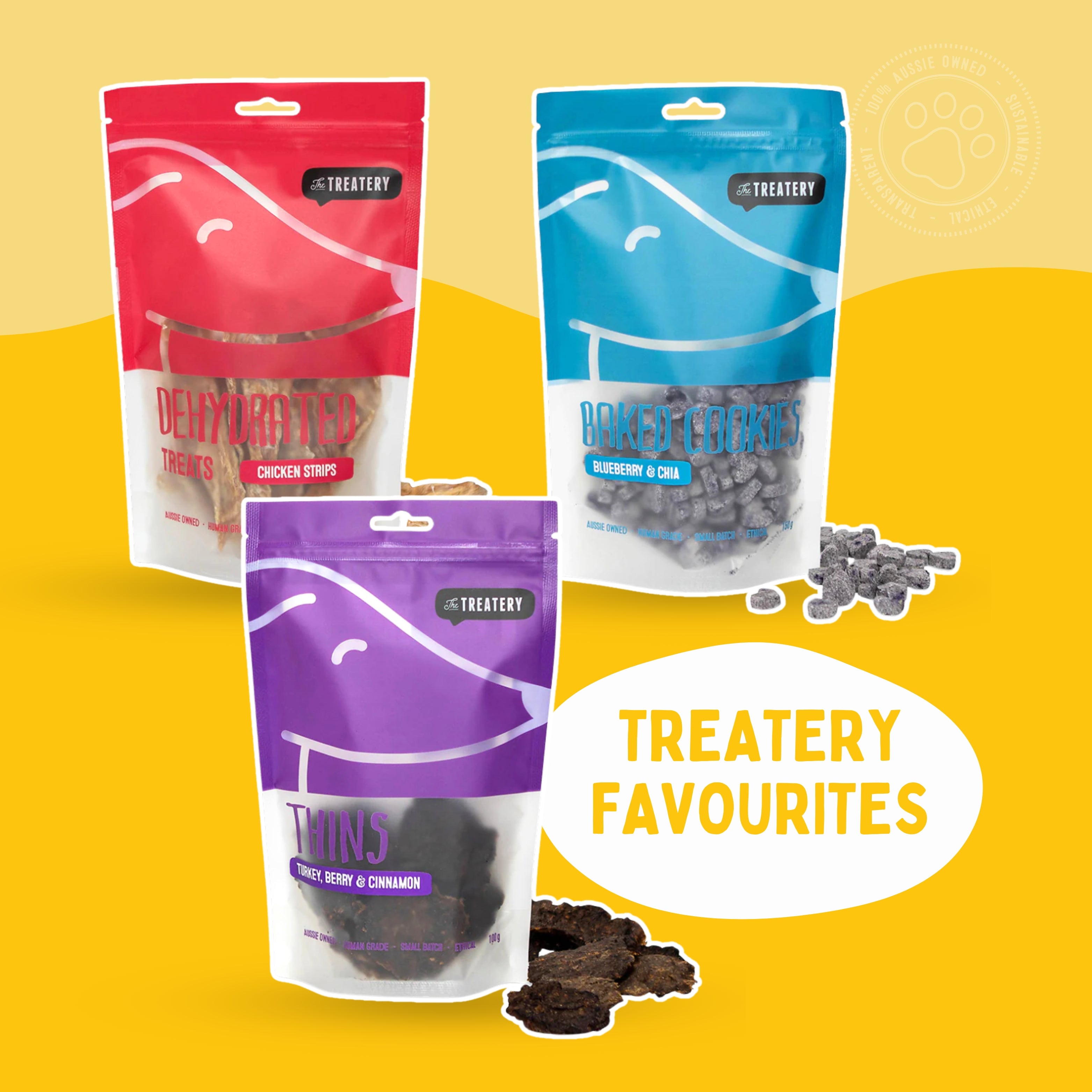 Treatery favourites dog treat bundle featuring dehydrated chicken strips baked cookies and thins