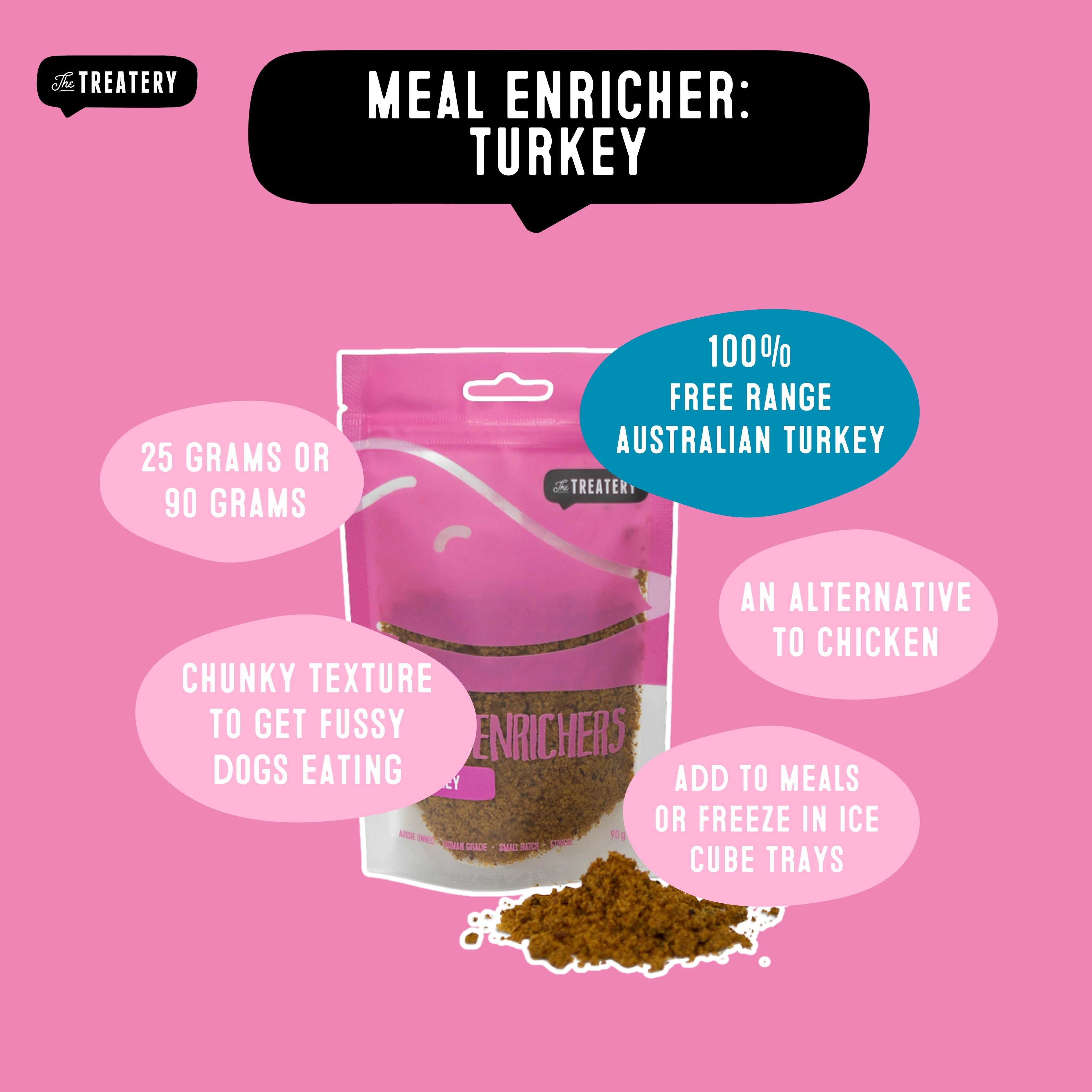 Turkey protein dog meal topper made from free range Australian turkey with chunky texture for fussy eaters