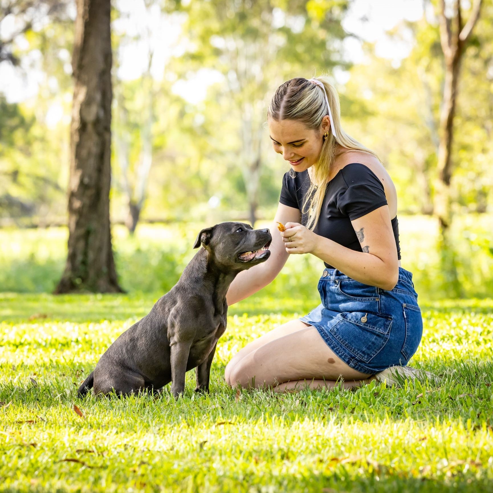 Woman rewarding dog with fish based dog treats during training.