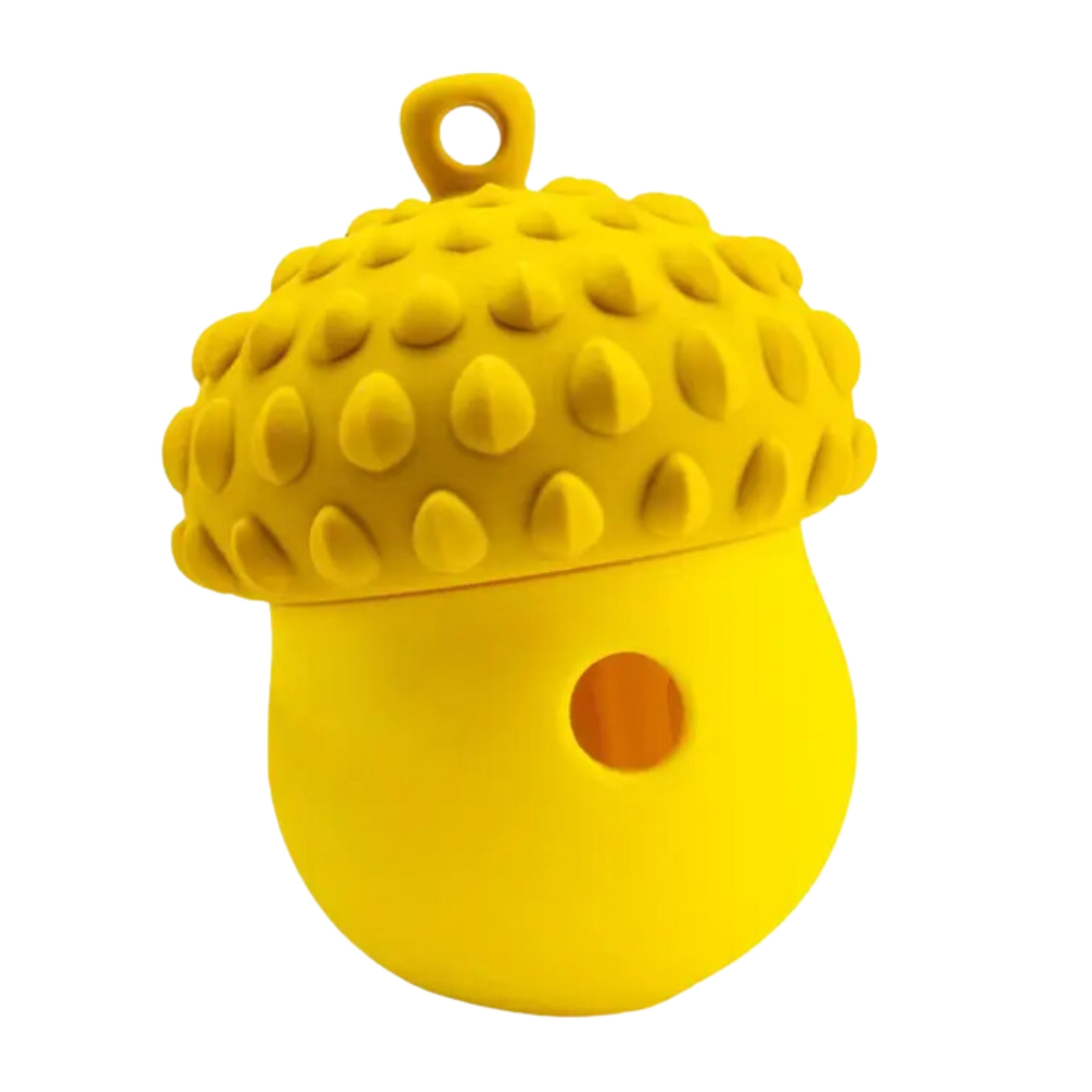 Yellow Acorn Wobbler Treat Dispenser Dog Toy made of durable, non-toxic rubber.