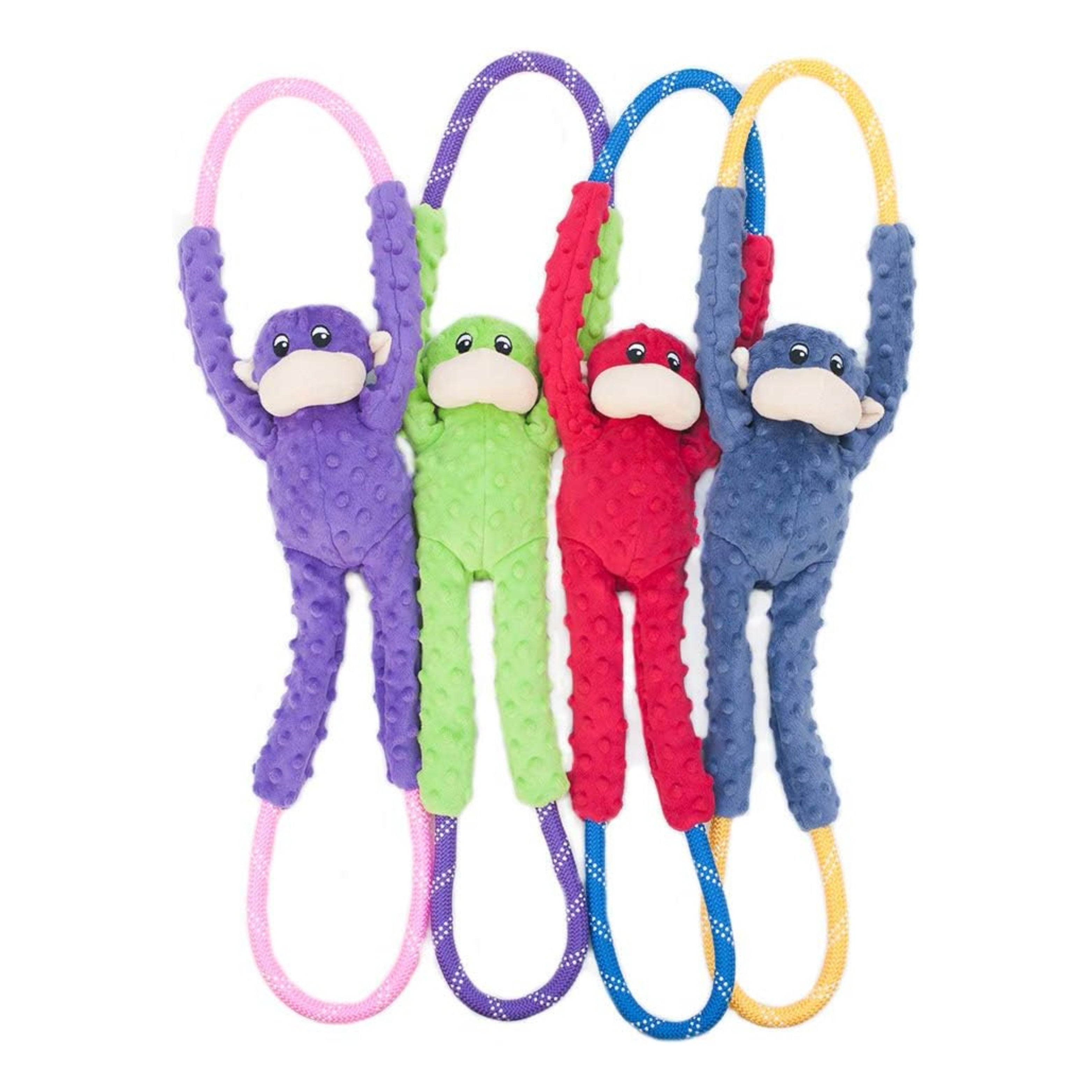 Zippy Paws RopeTugz Monkey plush toys for dogs in purple, green, red, and blue colors.