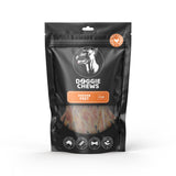 Packaging of Doggie Chews brand chicken feet dog treats. The package is predominantly black with an image of chicken feet inside and icons indicating the product is for large dogs, contains 6 pieces, and is a high protein treat.