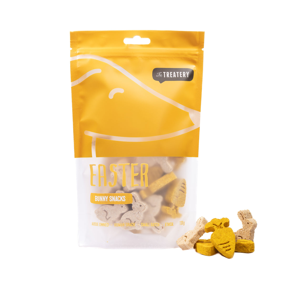 Easter Bunny Snacks baked dog cookies shaped like bunnies and carrots in Treatery packaging