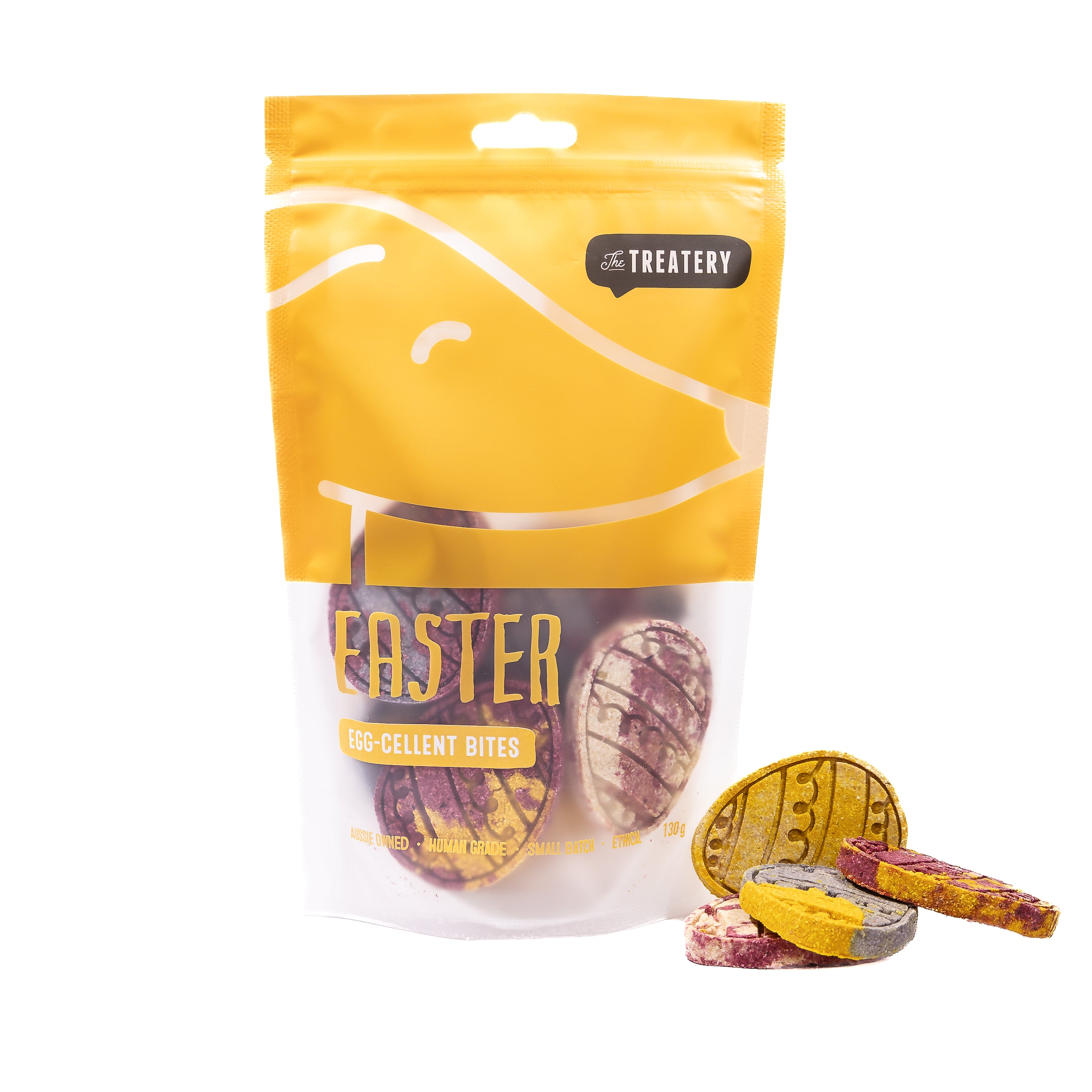 Egg-cellent Bites Easter themed baked dog cookies shaped like decorated eggs in Treatery packaging