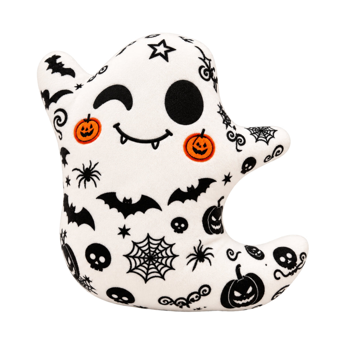 Cute ghost plush toy with Halloween decals, stitched details 