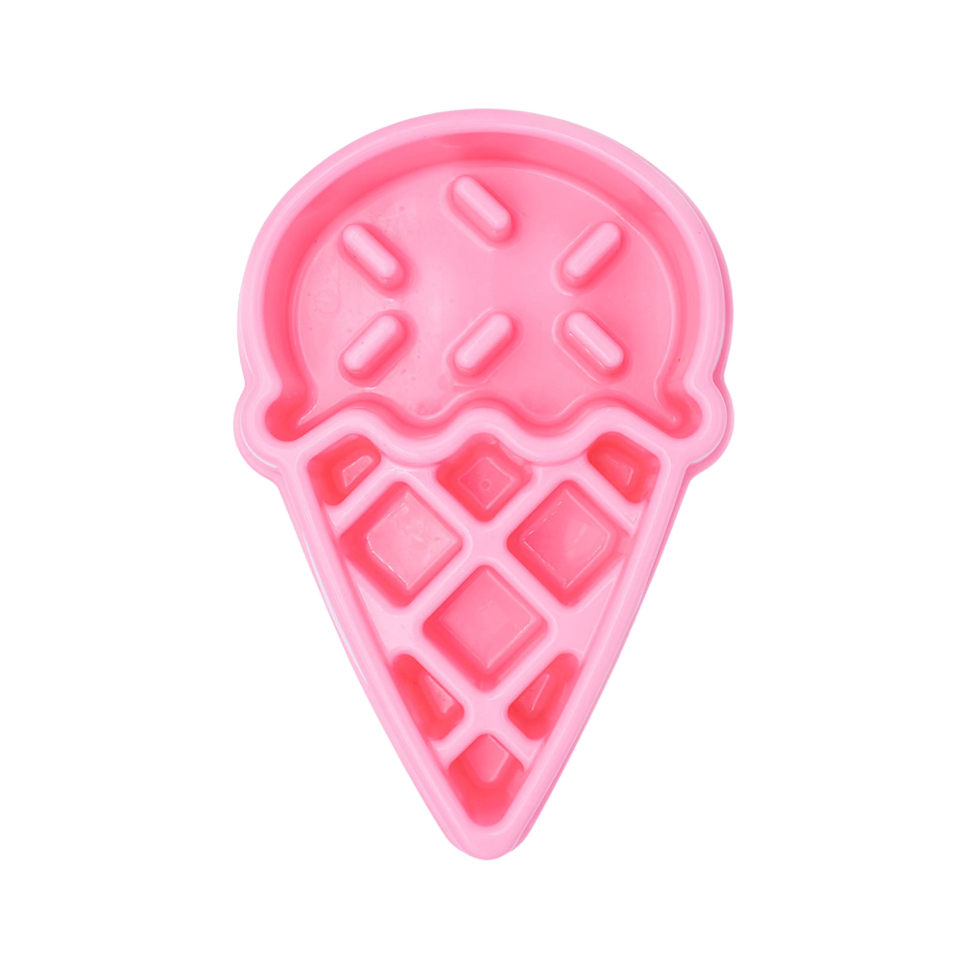 A pink plastic ice cream slow feeder bowl for dogs.