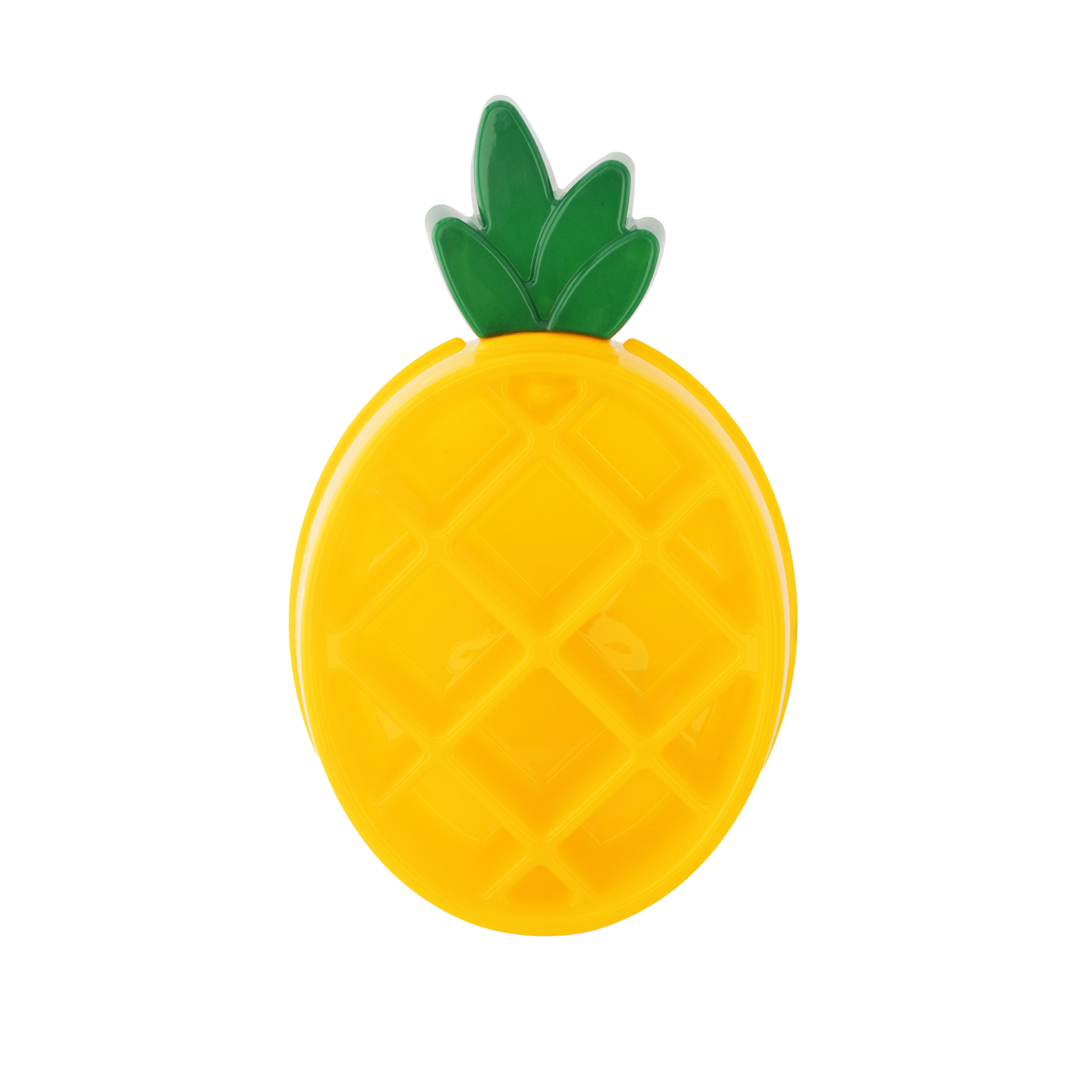 A yellow, pineapple-shaped dog slow feeder bowl with a green top resembling a pineapple leaf.