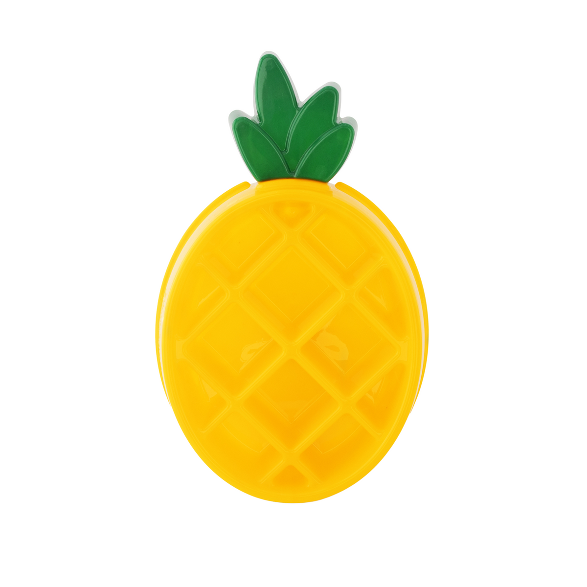 A yellow, pineapple-shaped dog slow feeder bowl with a green top resembling a pineapple leaf.