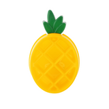 A yellow, pineapple-shaped dog slow feeder bowl with a green top resembling a pineapple leaf.
