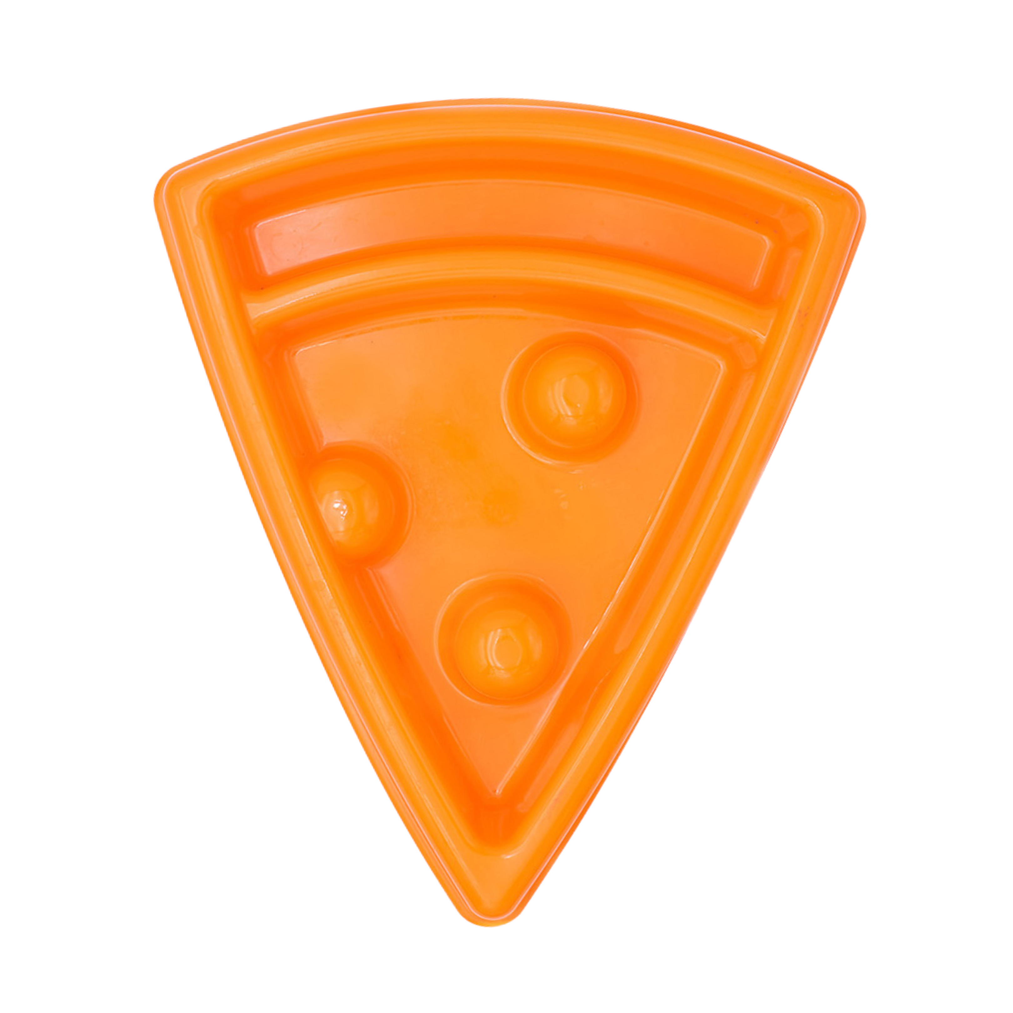 An orange ZippyPaws Happy Bowl in the shape of a pizza slice designed for dog mealtime.