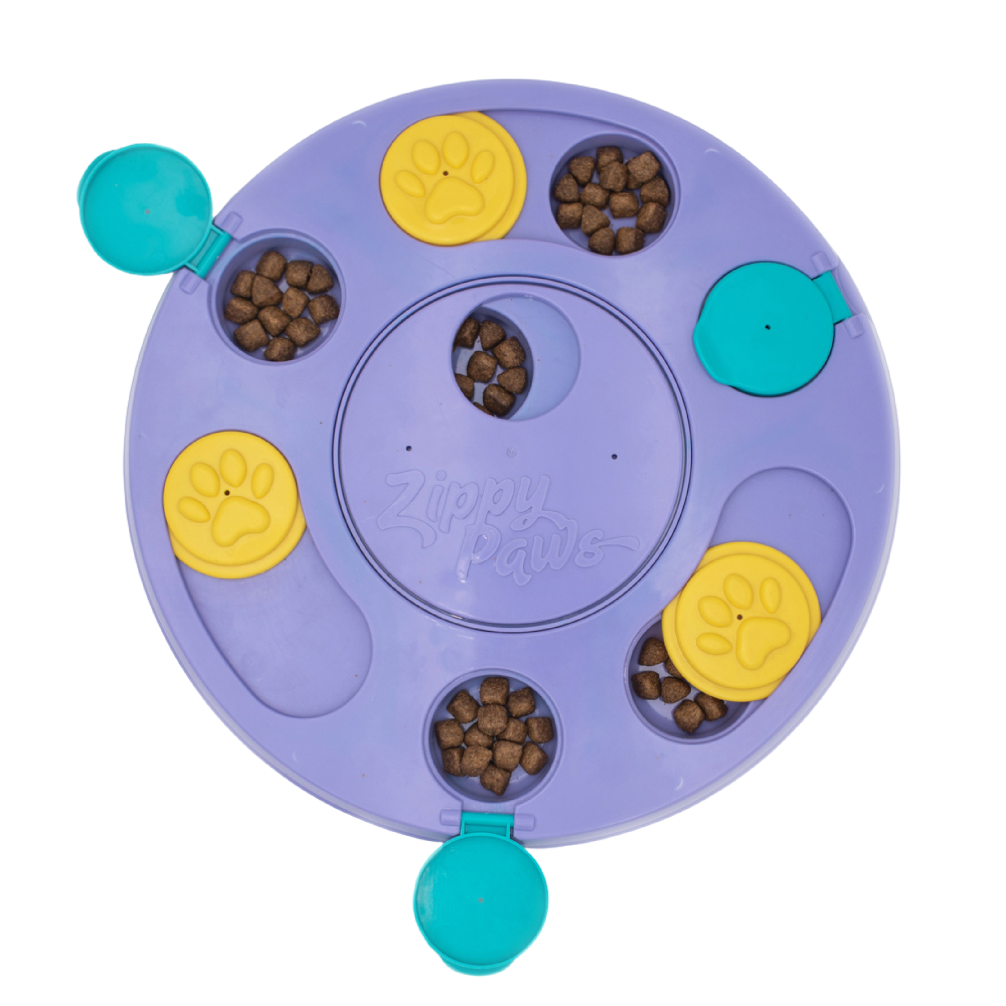 Purple ZippyPaws Smartypaws Dog Puzzle Feeder filled with kibble encourages problem solving and slow eating.