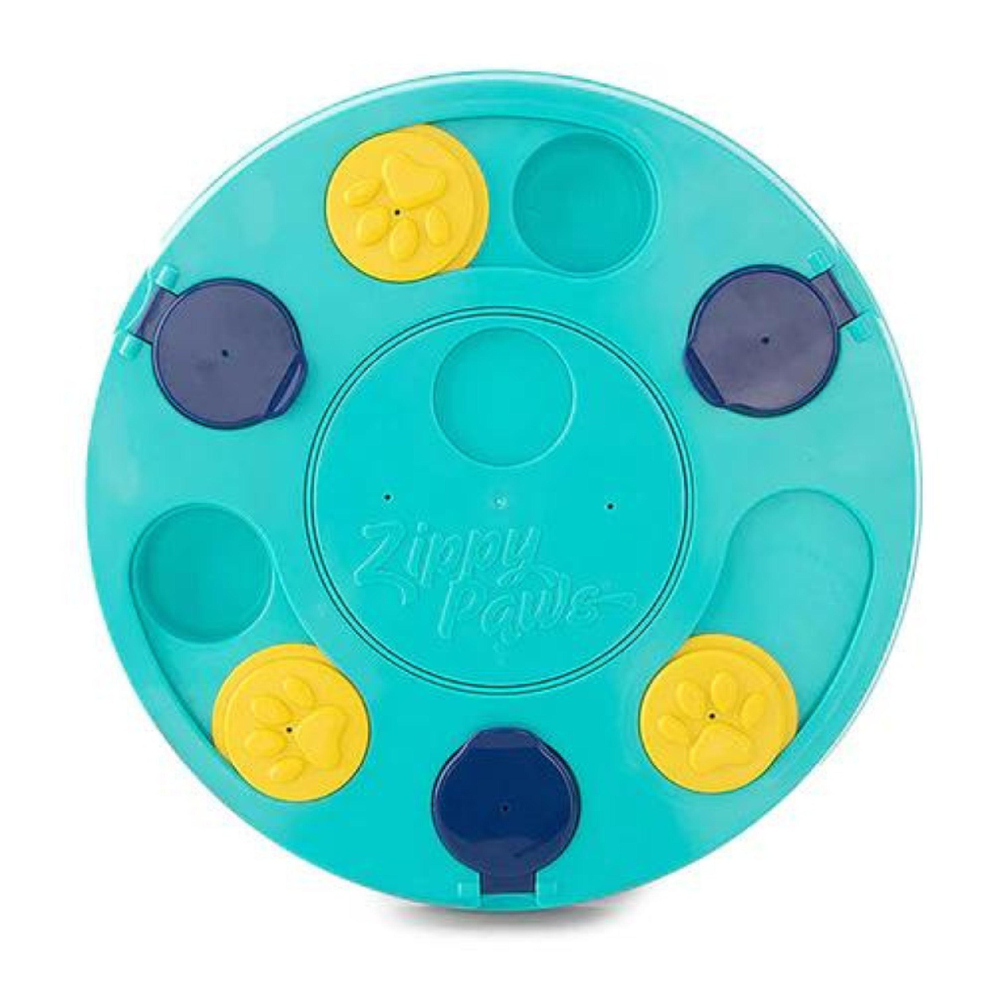 Teal ZippyPaws Smartypaws Interactive Feeder Dog Puzzle Toy with yellow paw sliders for treat hiding fun.
