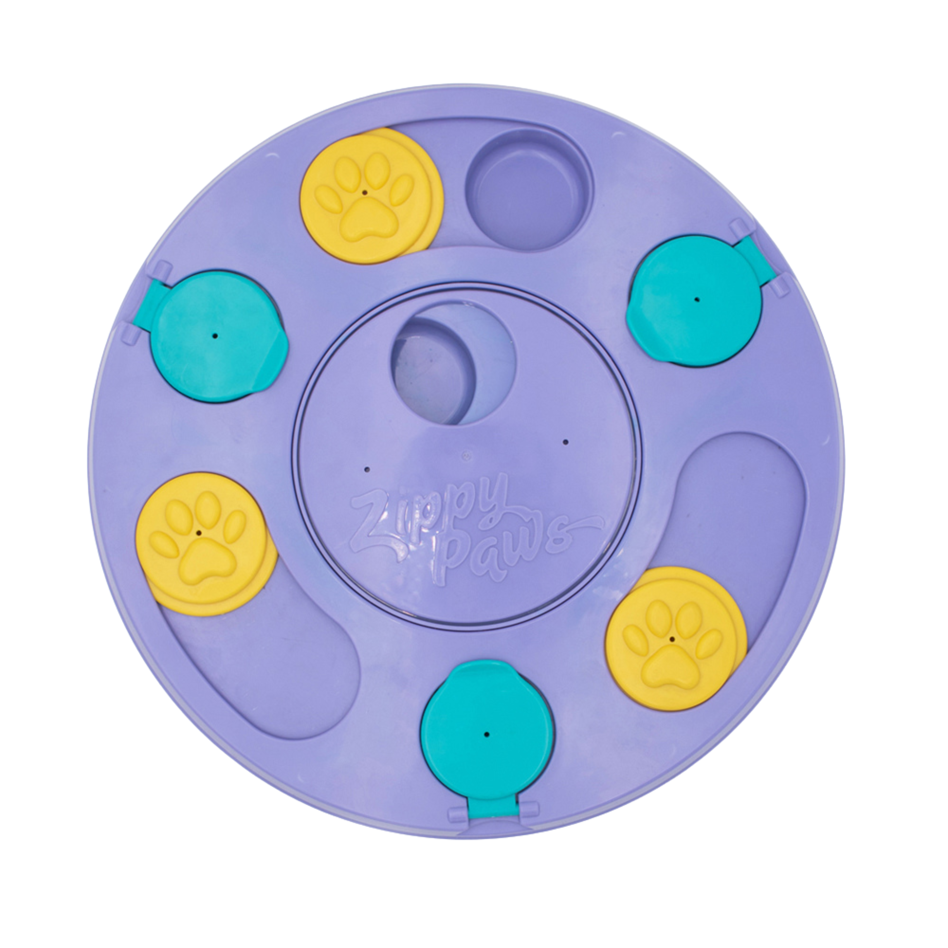 ZippyPaws Smartypaws Interactive Dog Puzzler Feeder in purple with paw-shaped sliders for mental stimulation.