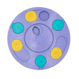 ZippyPaws Smartypaws Interactive Dog Puzzler Feeder in purple with paw-shaped sliders for mental stimulation.